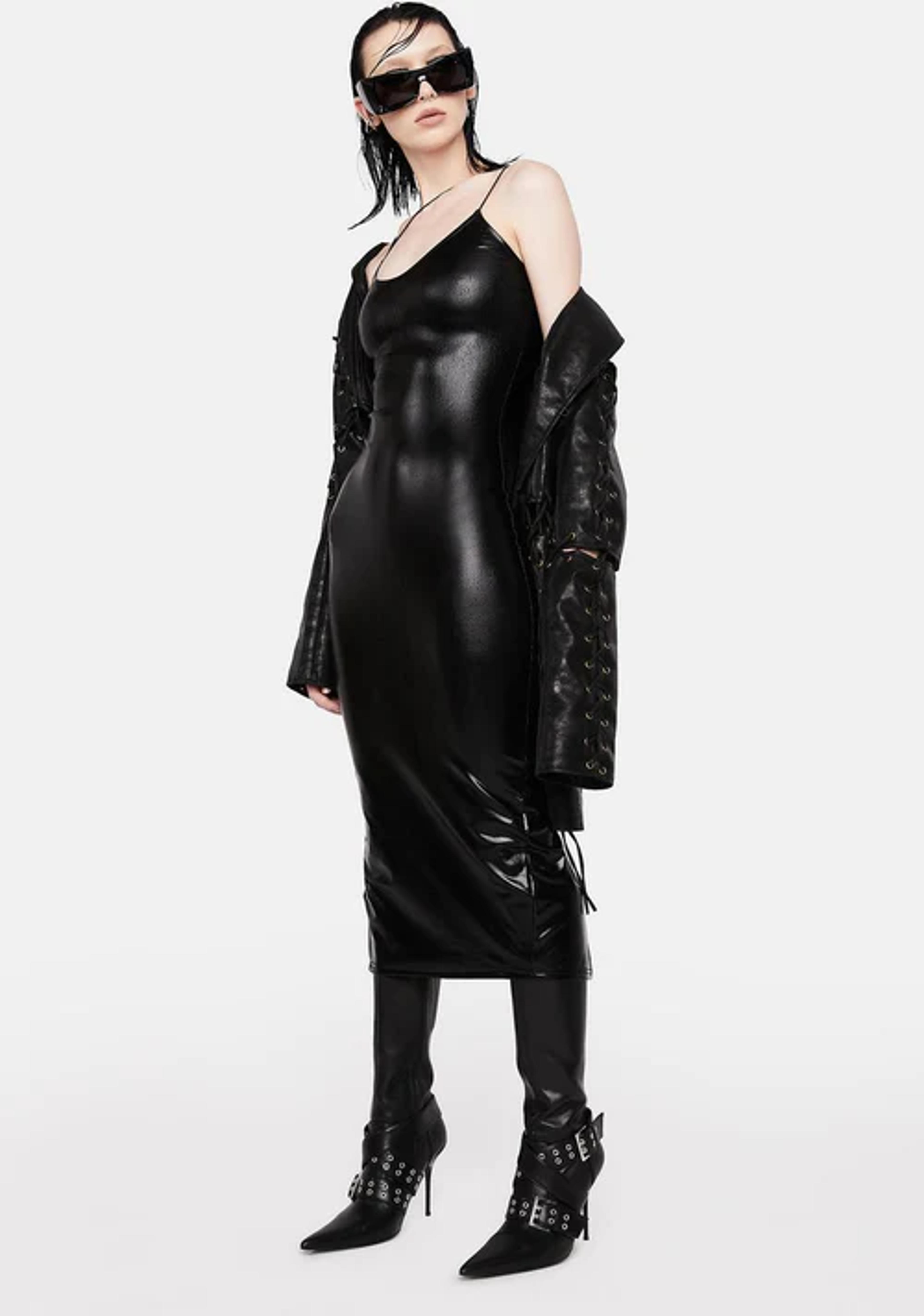 Vegan Patent Leather Midi Dress - Black – Dolls Kill