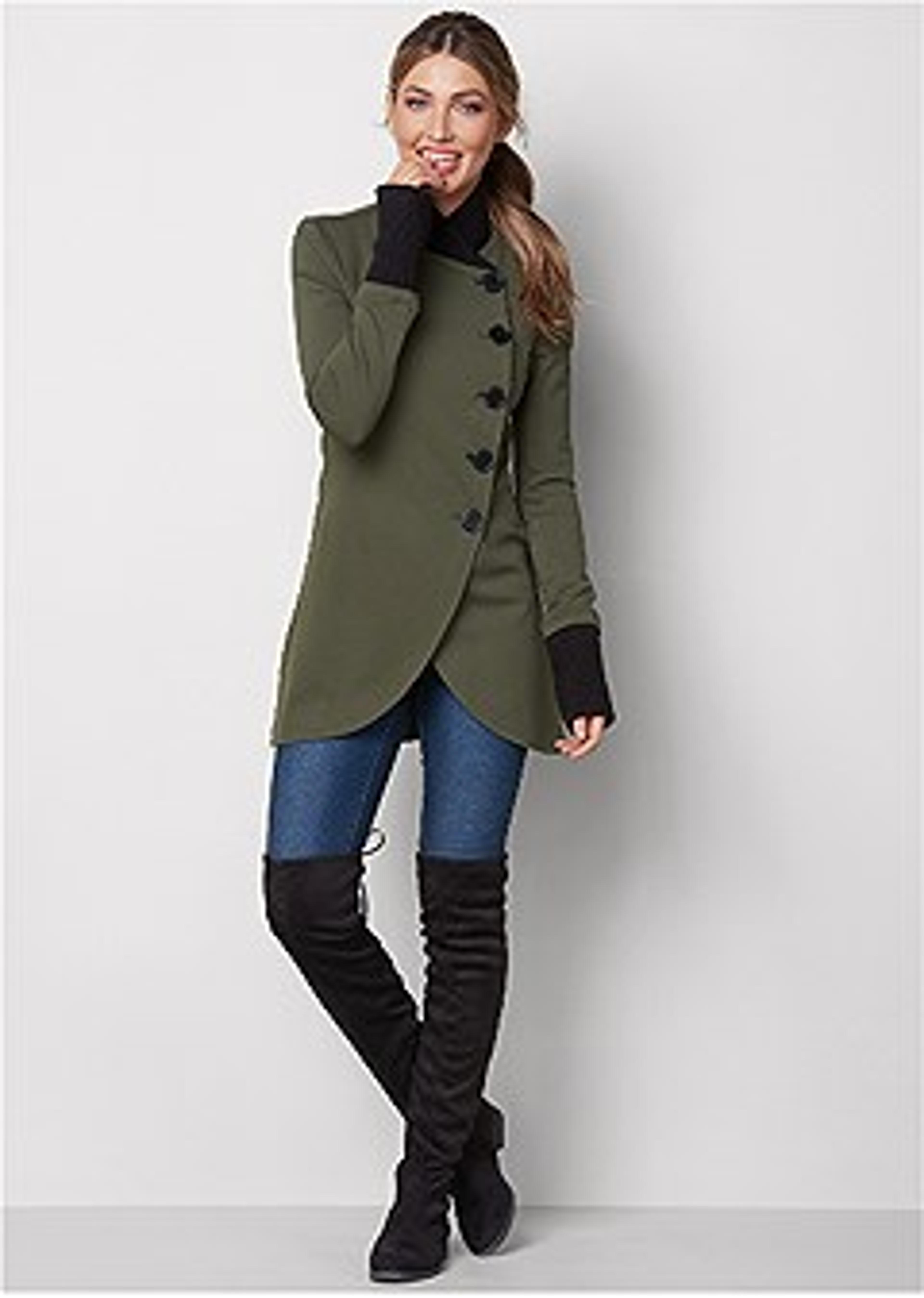 Knit Asymmetrical Button-Front Jacket in Olive | VENUS