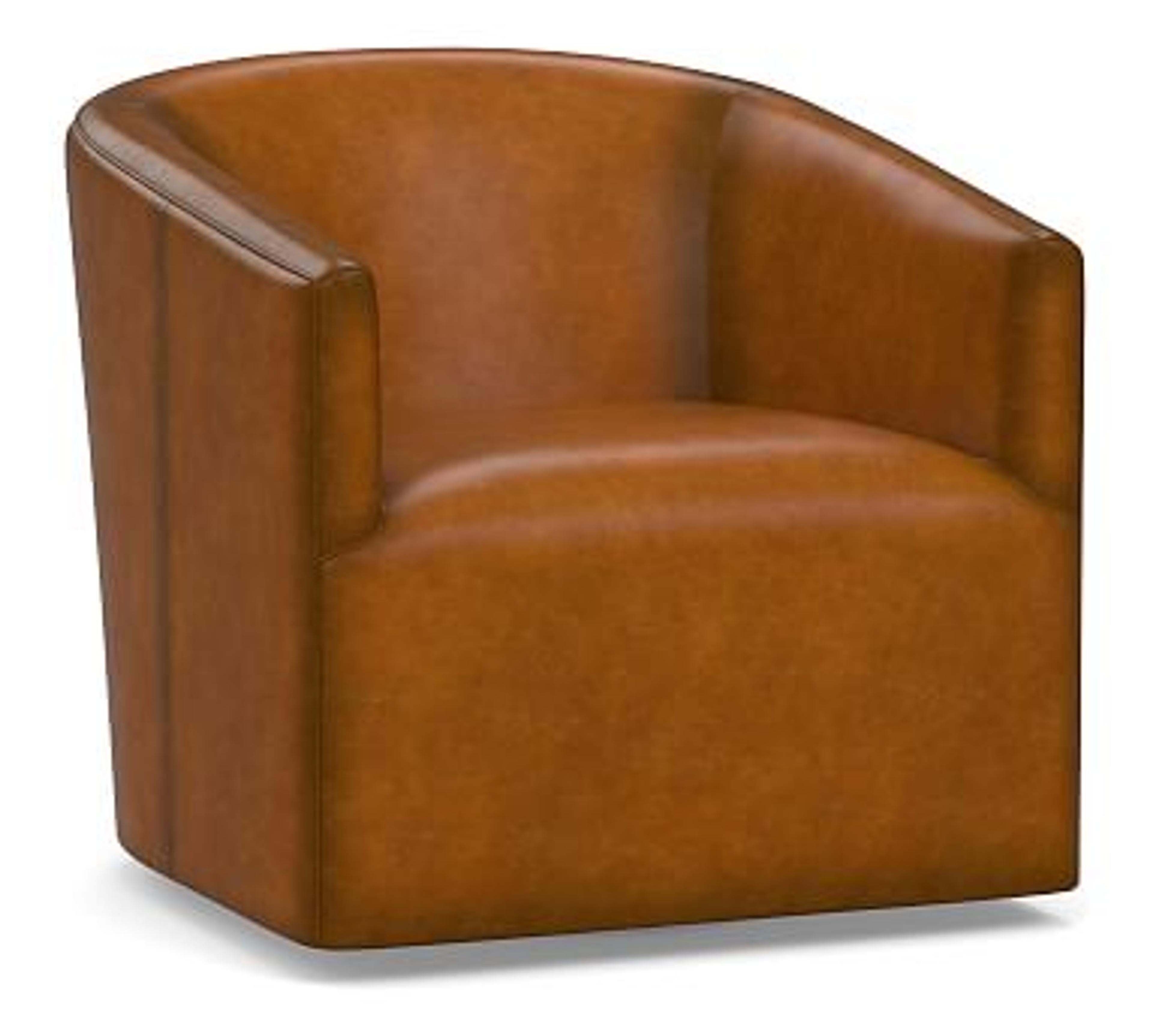 Baldwin Leather Swivel Armchair, Polyester Wrapped Cushions, Burnished Bourbon | Pottery Barn