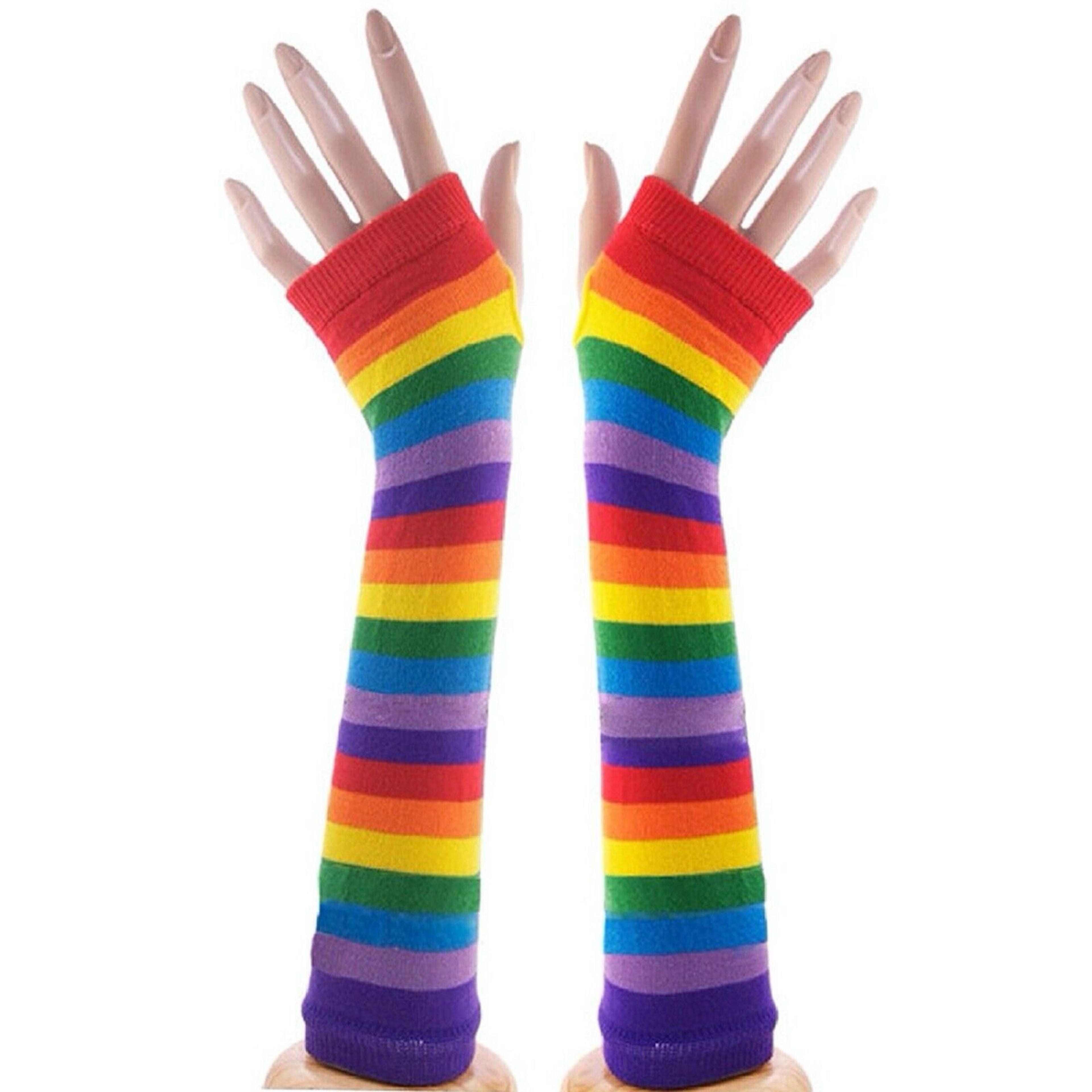 Rainbow Fingerless Knit Arm Warmers Gloves For Texting Warm Unisex