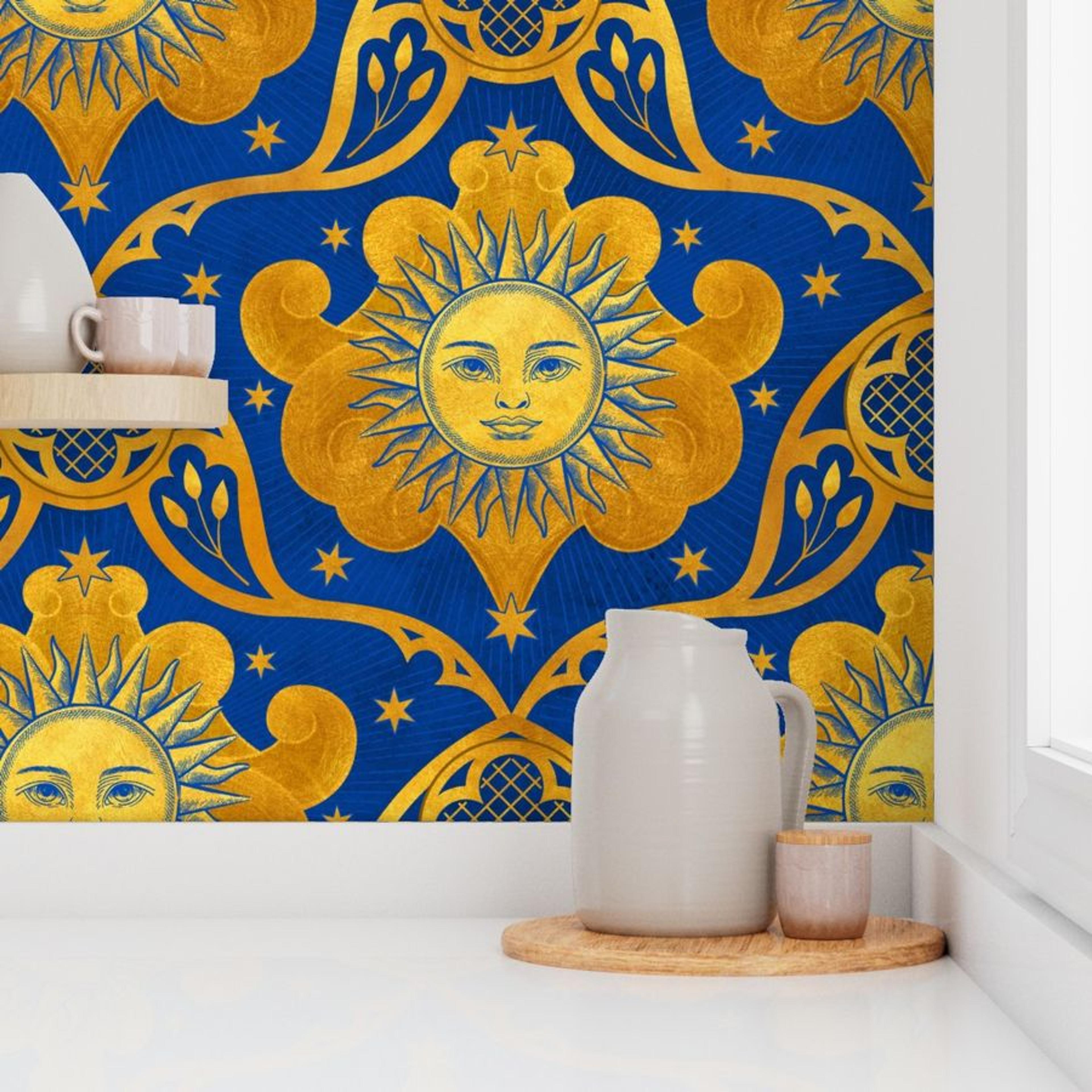 Whimsigothic Sun_Gold-Cobalt Wallpaper | Spoonflower