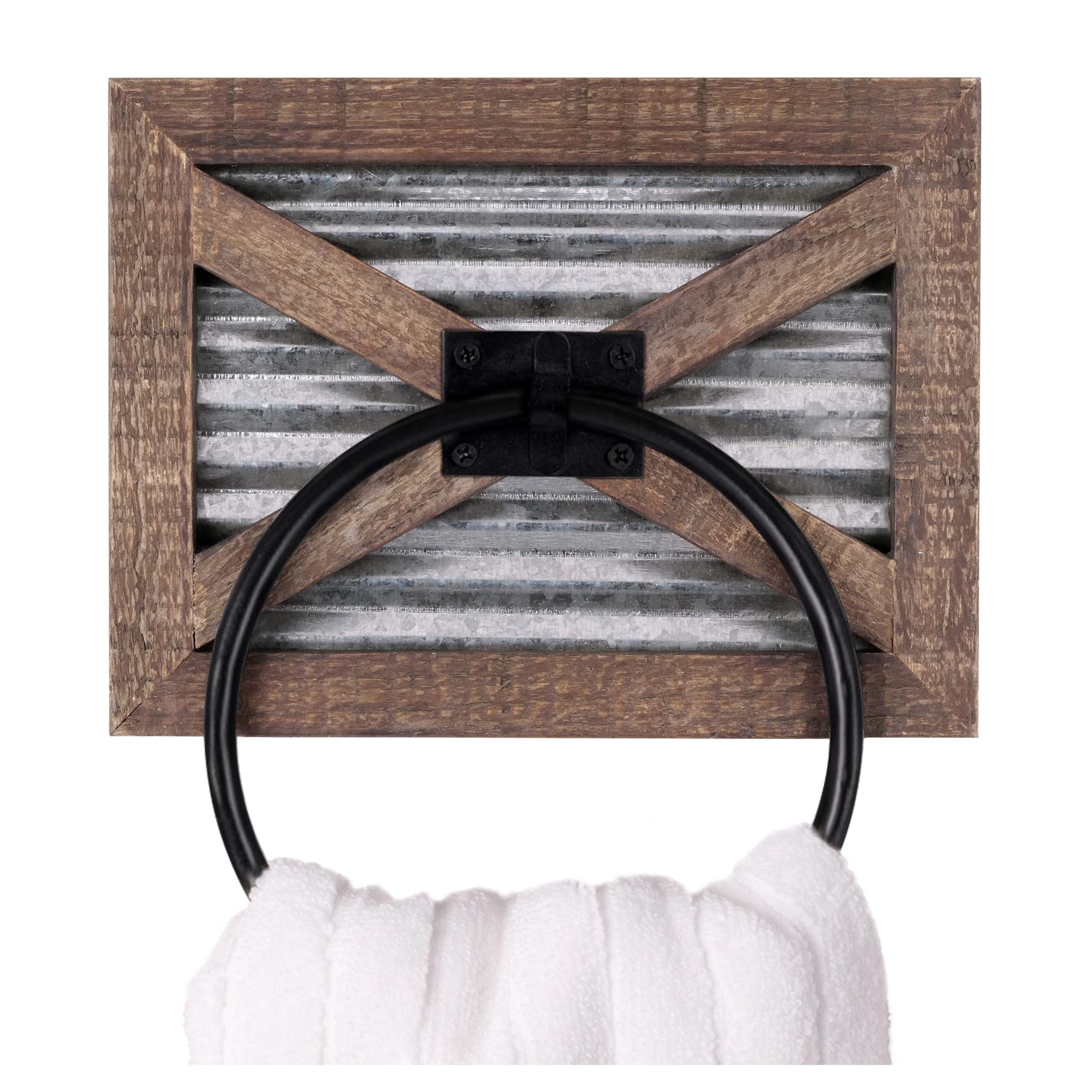 Autumn Alley Barn Door Bathroom Rustic Towel Ring - Wall Mounted Farmhouse Hand Towel Holder - Mix of Wood and Galvanized Metal & Black Ring for Country Charm – Easy to Install Vintage Home Décor