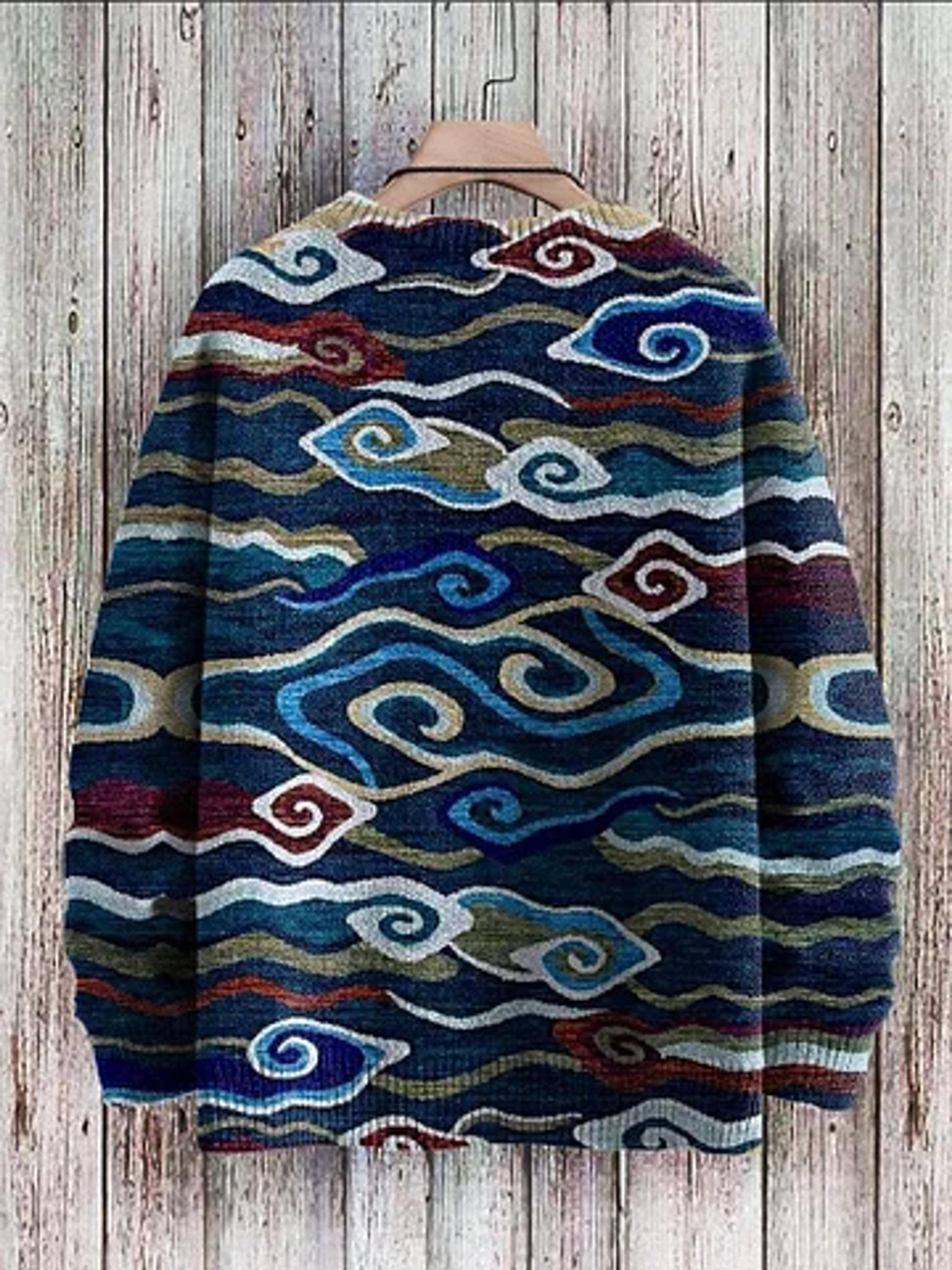 Vintage Swirling Clouds Art Casual Print Pullover Knitted Sweater