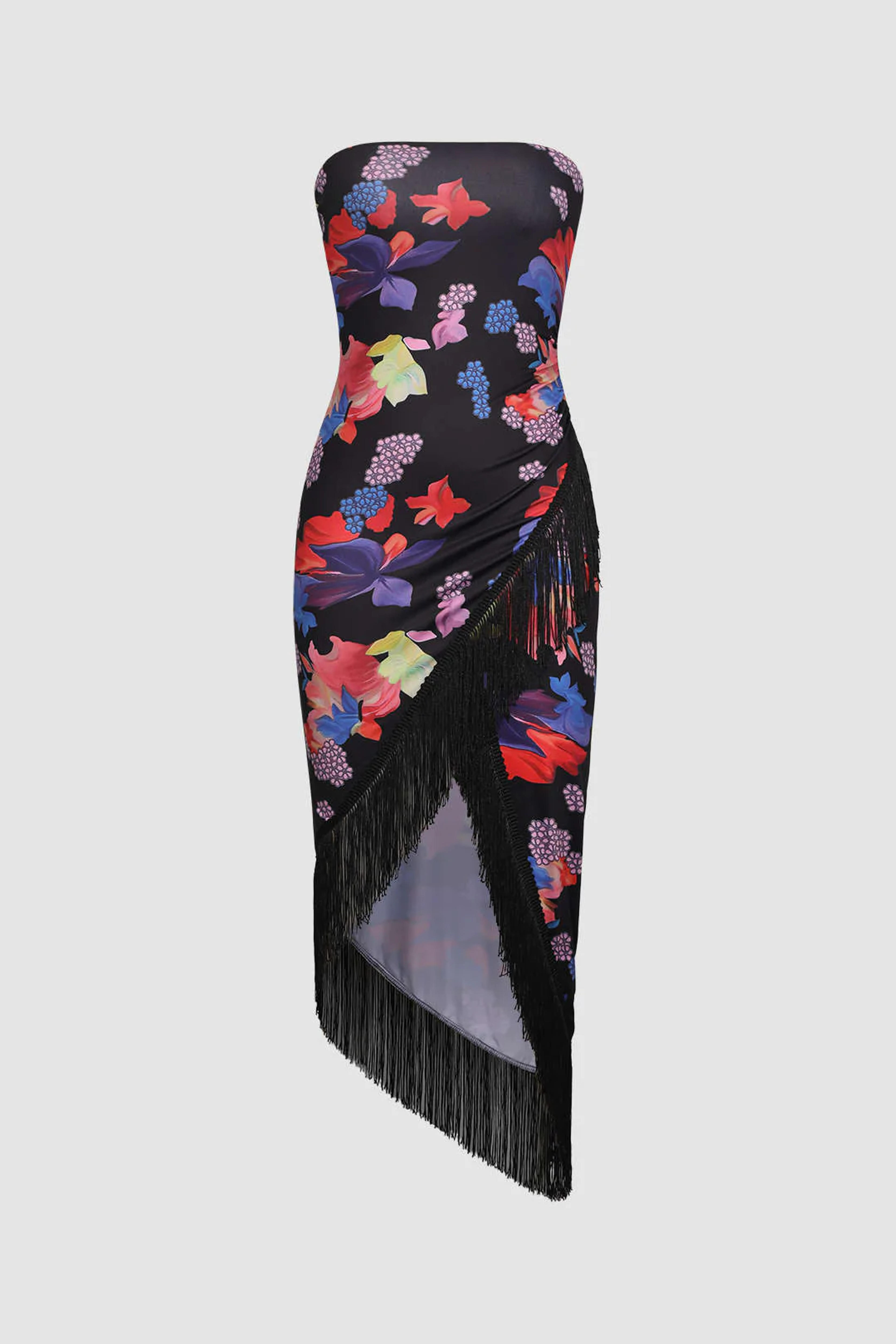 Floral Tassel Hem Tube Midi Dress - BLACK / M