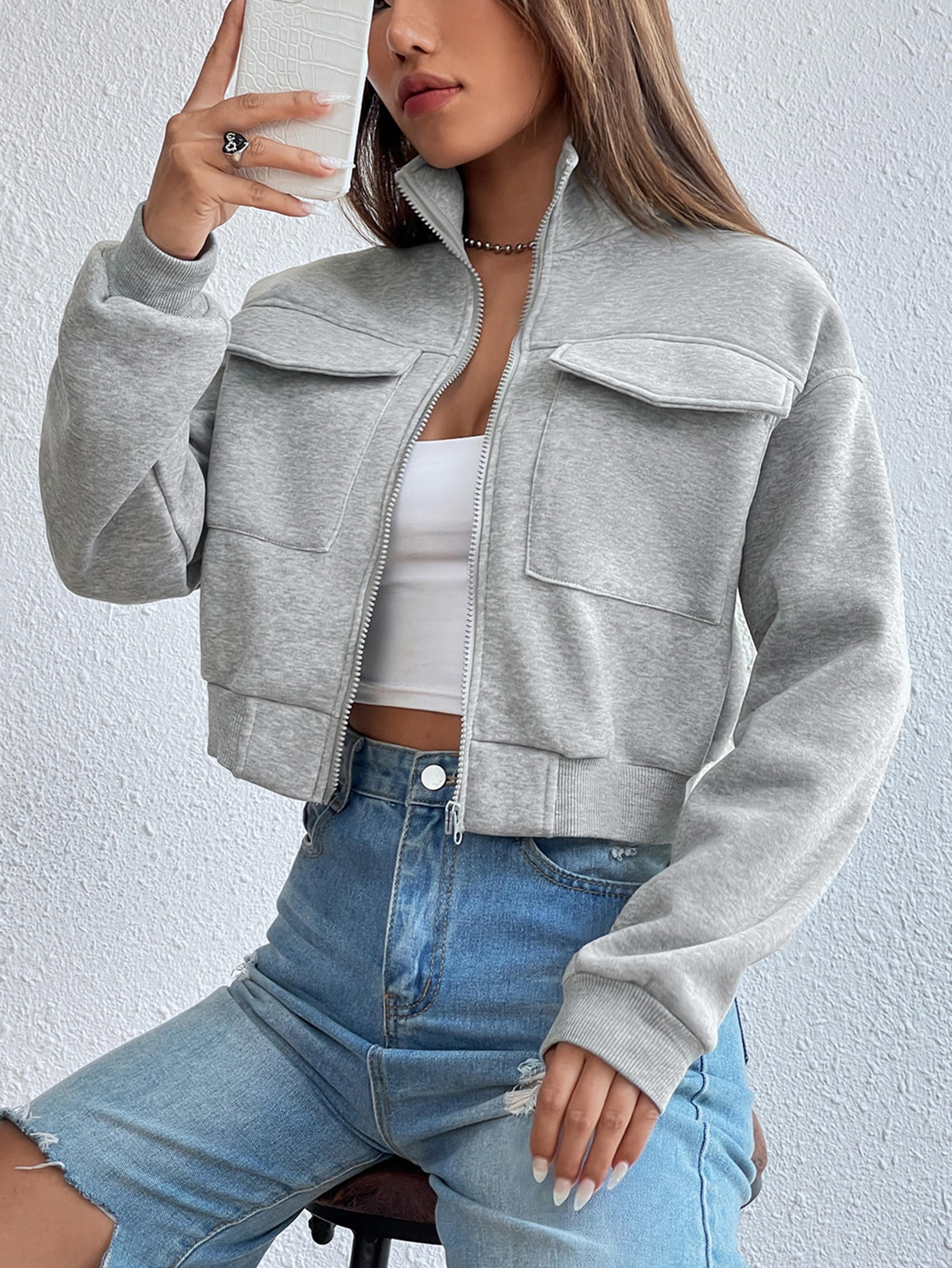 Solid Zip Up Drop Shoulder Sweatshirt