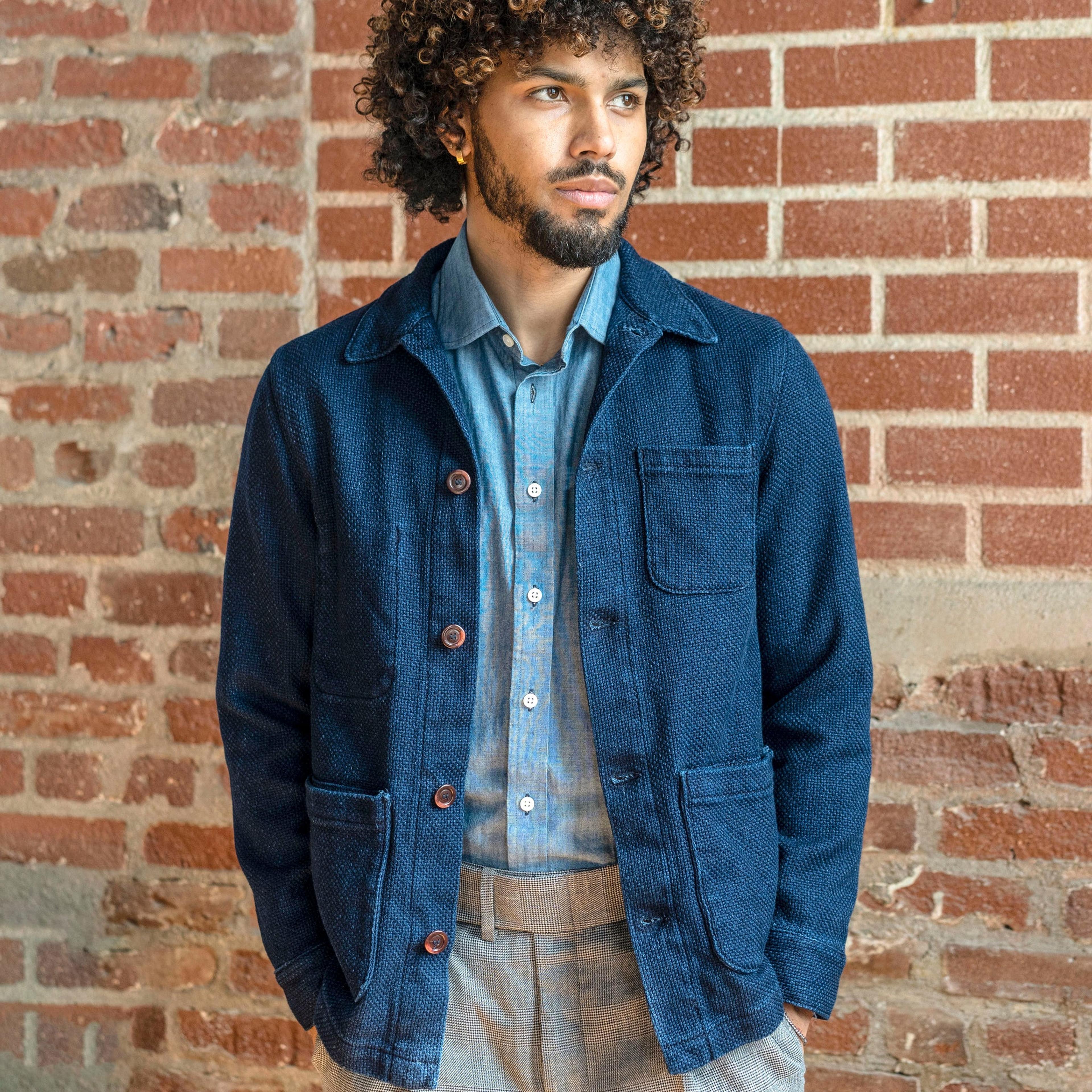 Doyle Jacket in Rope Dyed Indigo Sashiko Pumice Washed