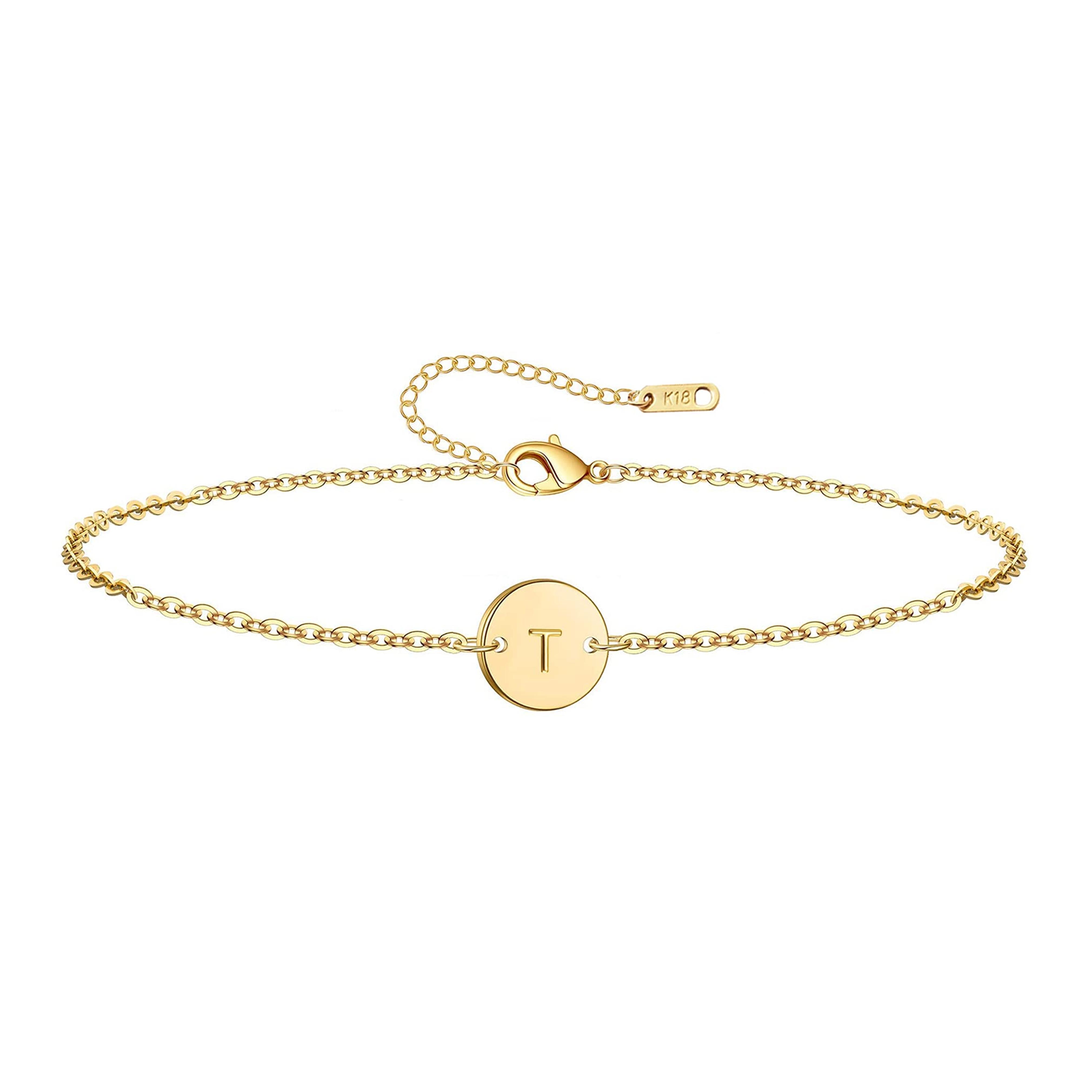 Amazon.com: Ovian Initial Charm Bracelet for Women 18K Gold Plated stainless steel Coin Disc Engraved Letter T Bracelet Personalized Monogram Name Bracelet for Girls: Clothing, Shoes & Jewelry