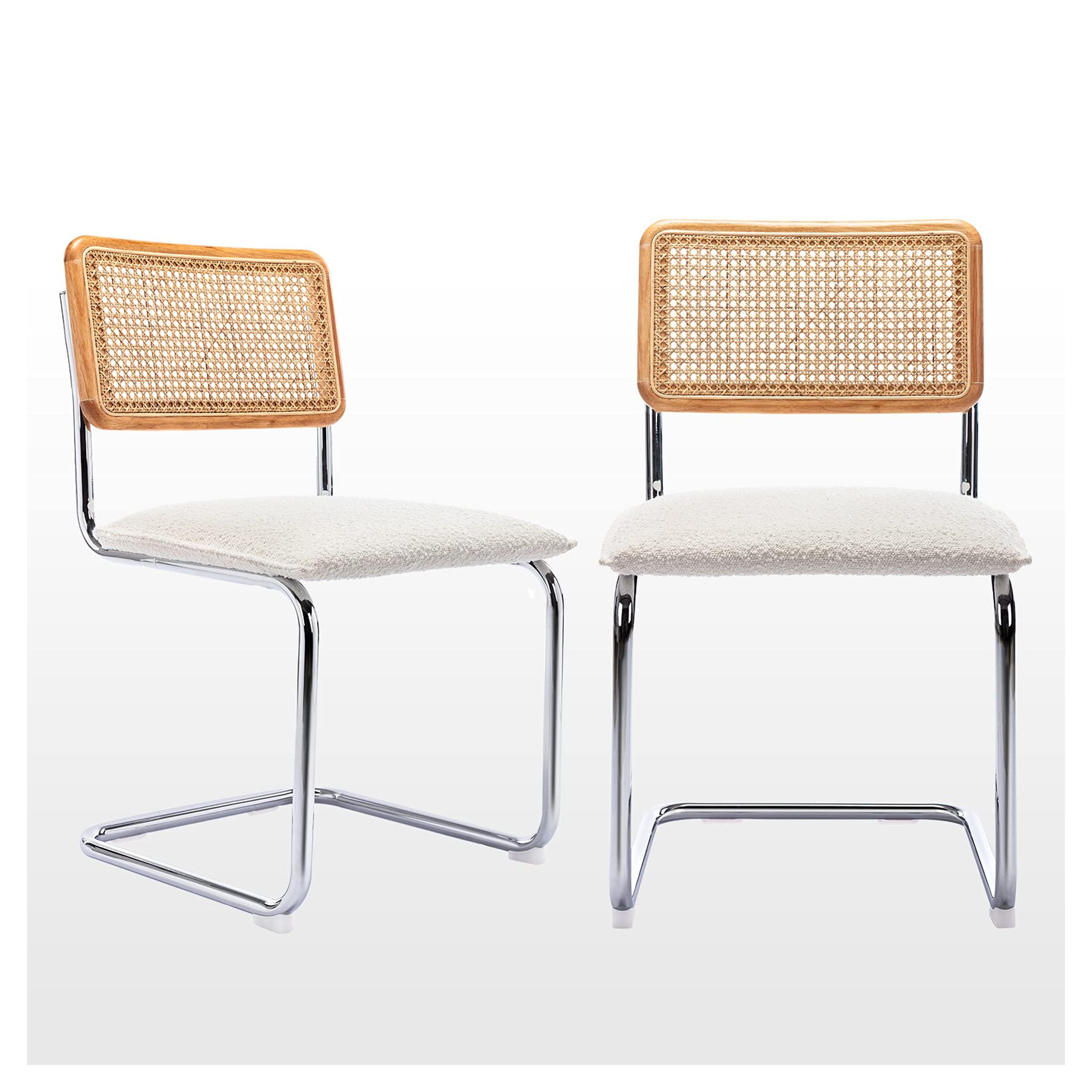 Zesthouse Mid-Century Modern Dining Chairs, Accent Rattan Kitchen Chairs, Armless Mesh Back Cane Chairs, Upholstered Fabric Chairs with Metal Chrome Legs, Set of 2, White