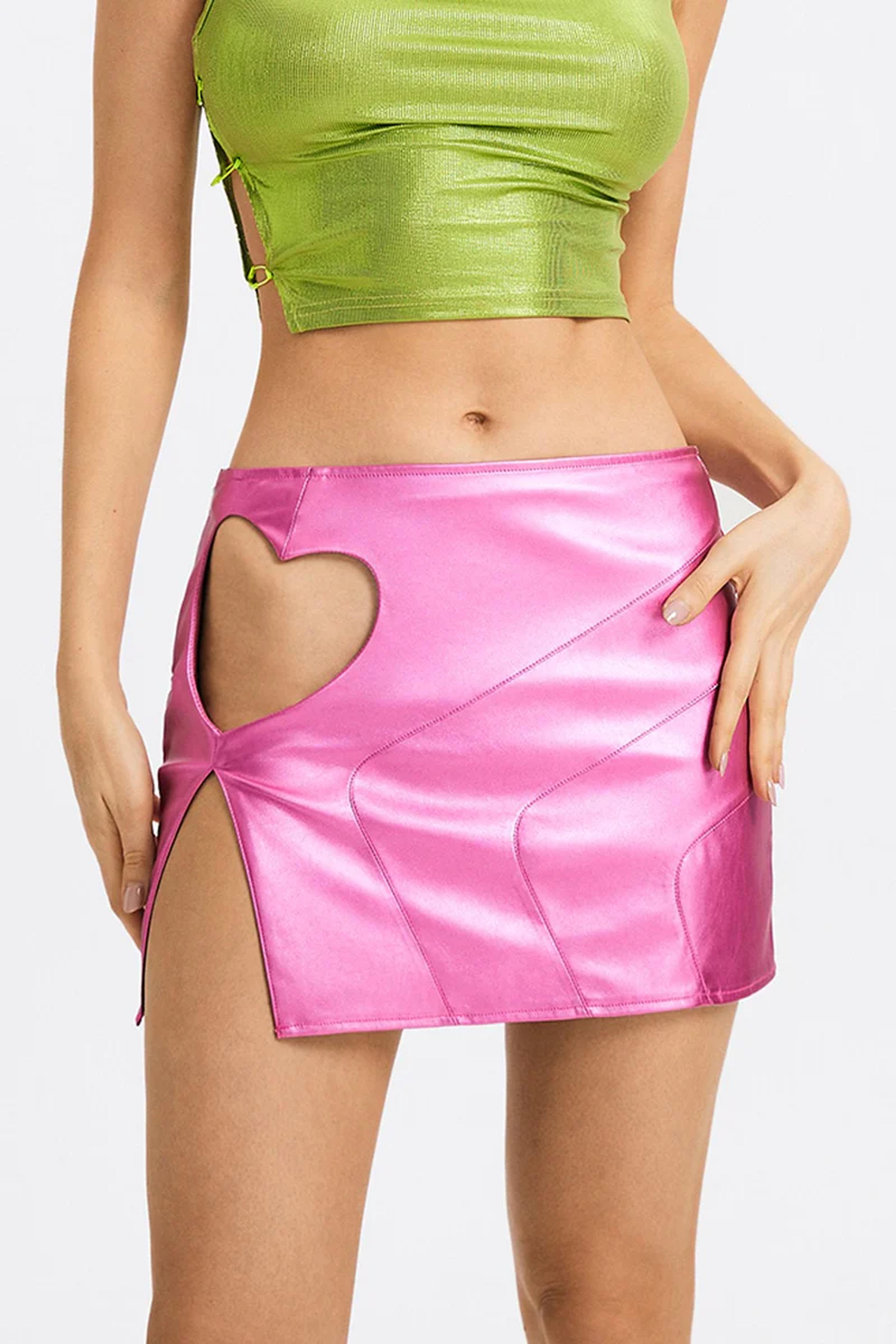 PU Leather Heart Cut Out Split Hem Mini Skirt|SOLADO– Solado