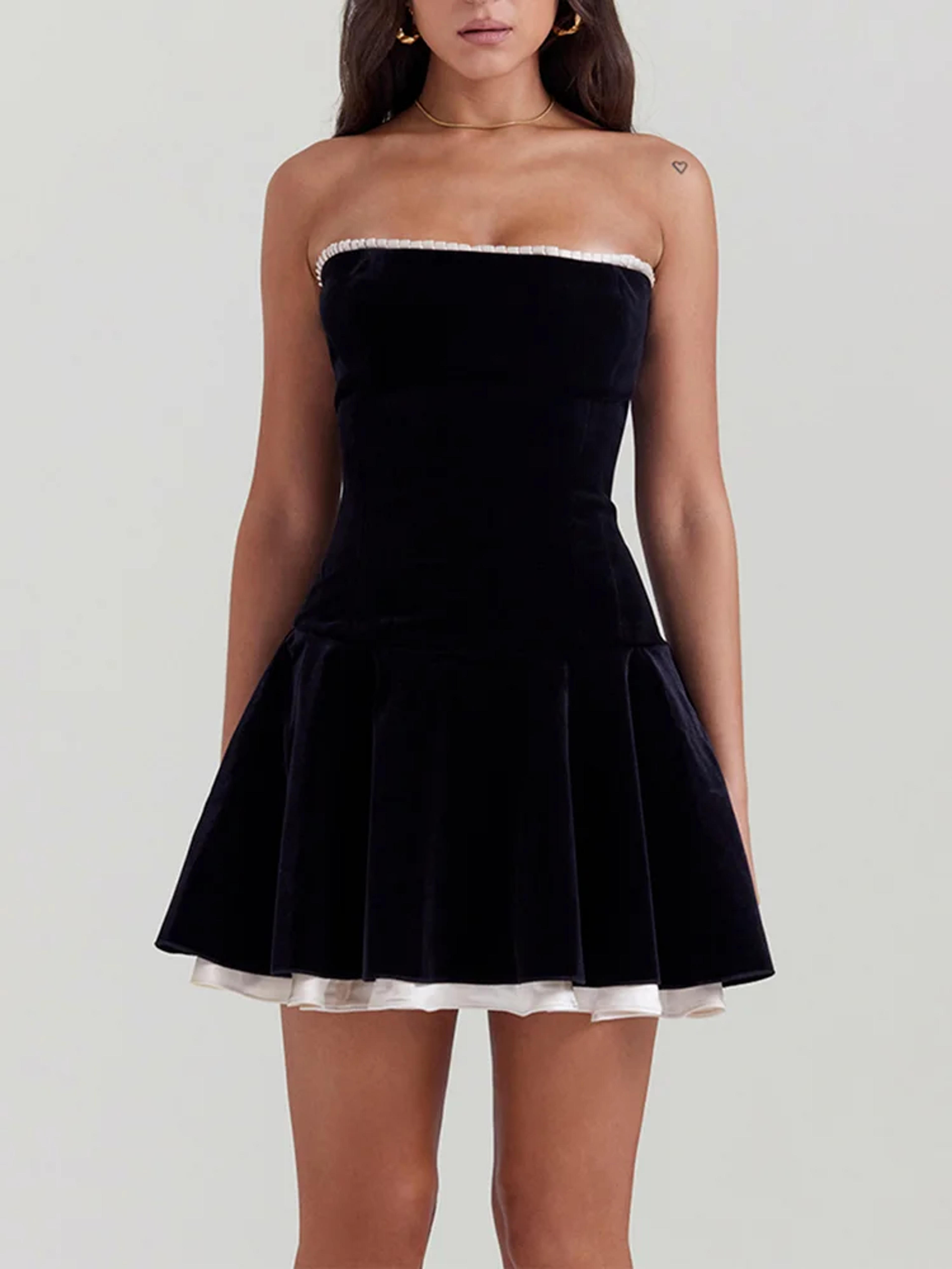 Elegant Proms Velvet Colorblock Trim Pleated Sleeveless Mini Dress