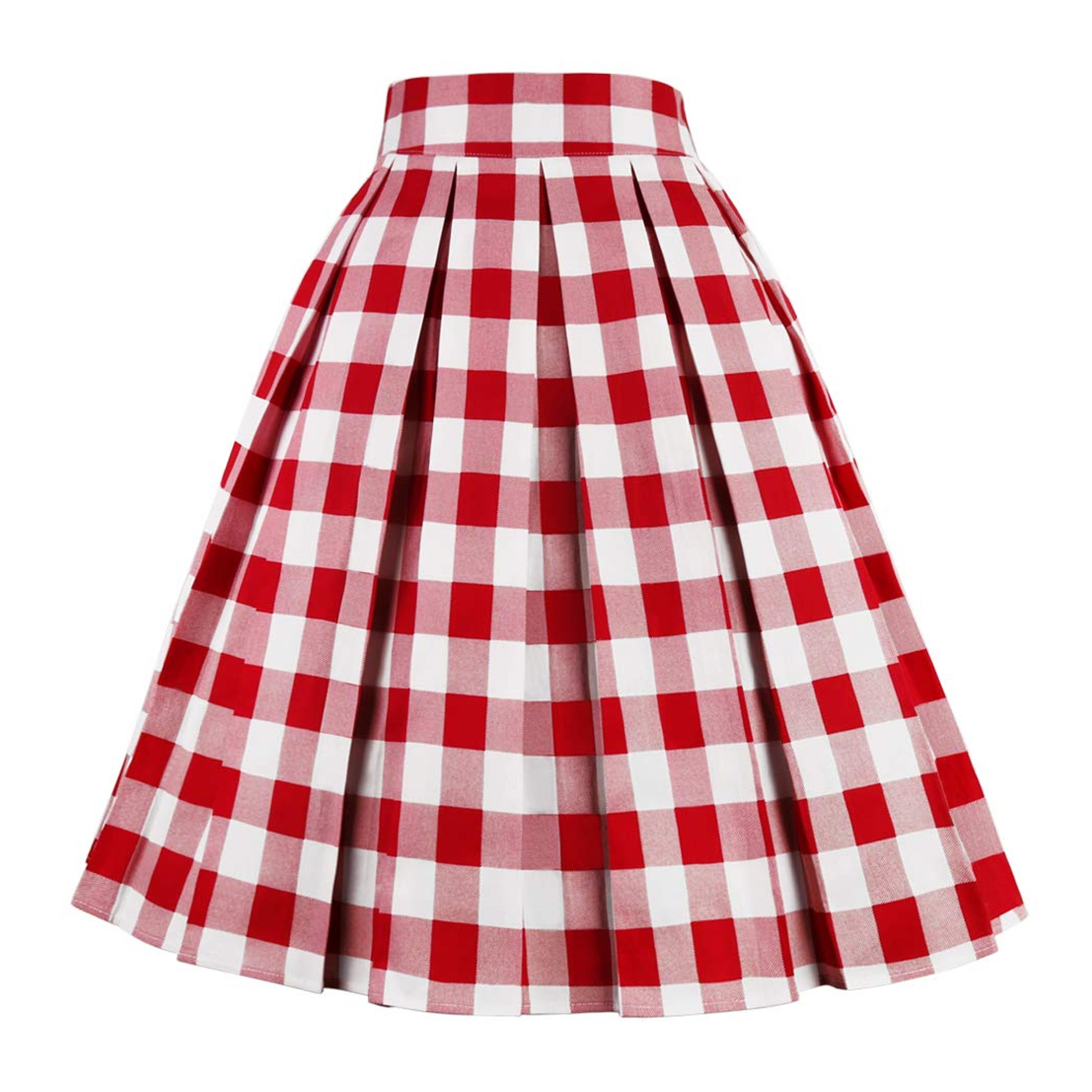 Girstunm Women's Pleated Vintage Skirt Floral Print A-line Midi Skirts with Pockets Red-White-Plaid XS at Amazon Women’s Clothing store