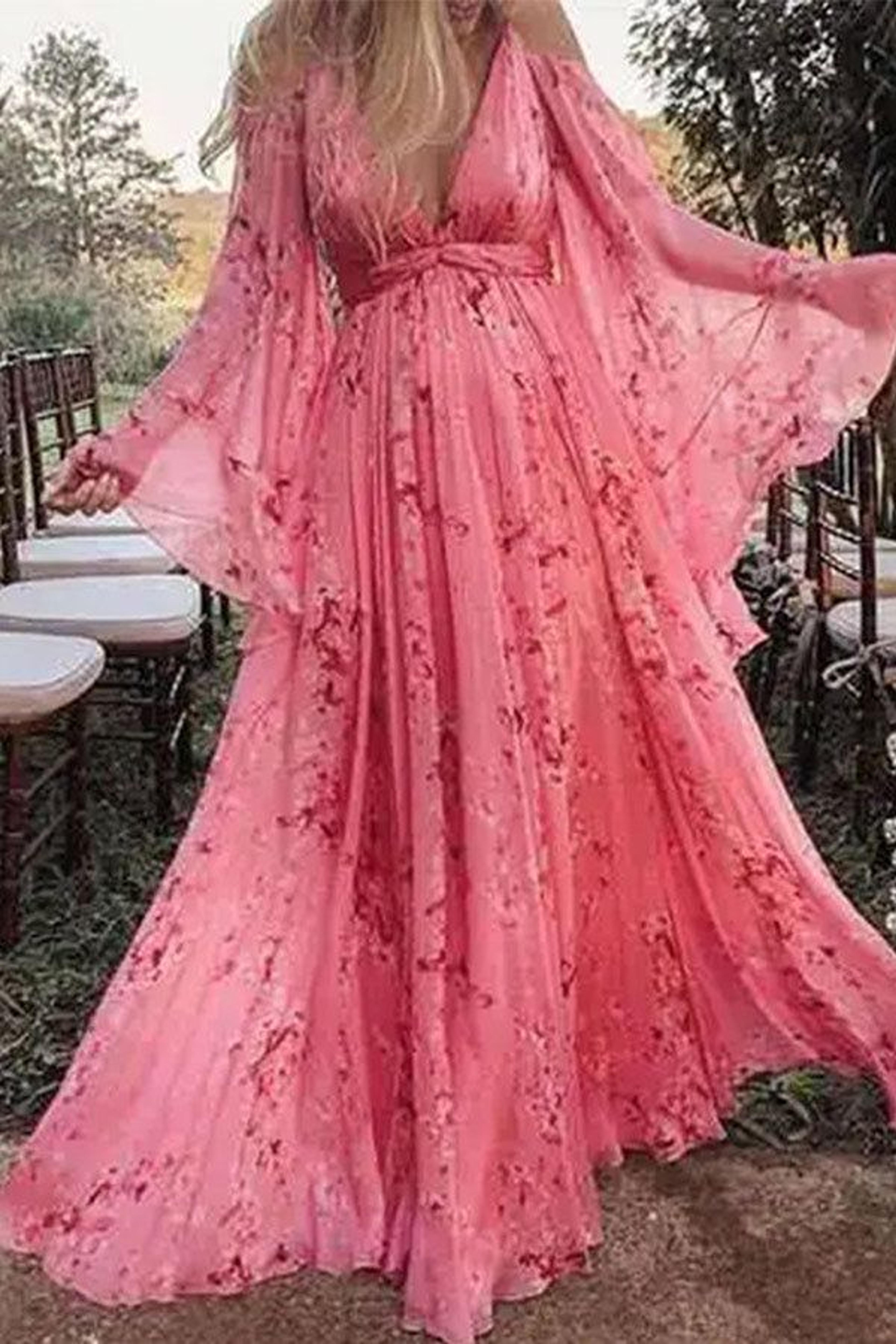 Vintage Boho Maxi Maternity Dress Floral Photoshoot Dress - Pink / S