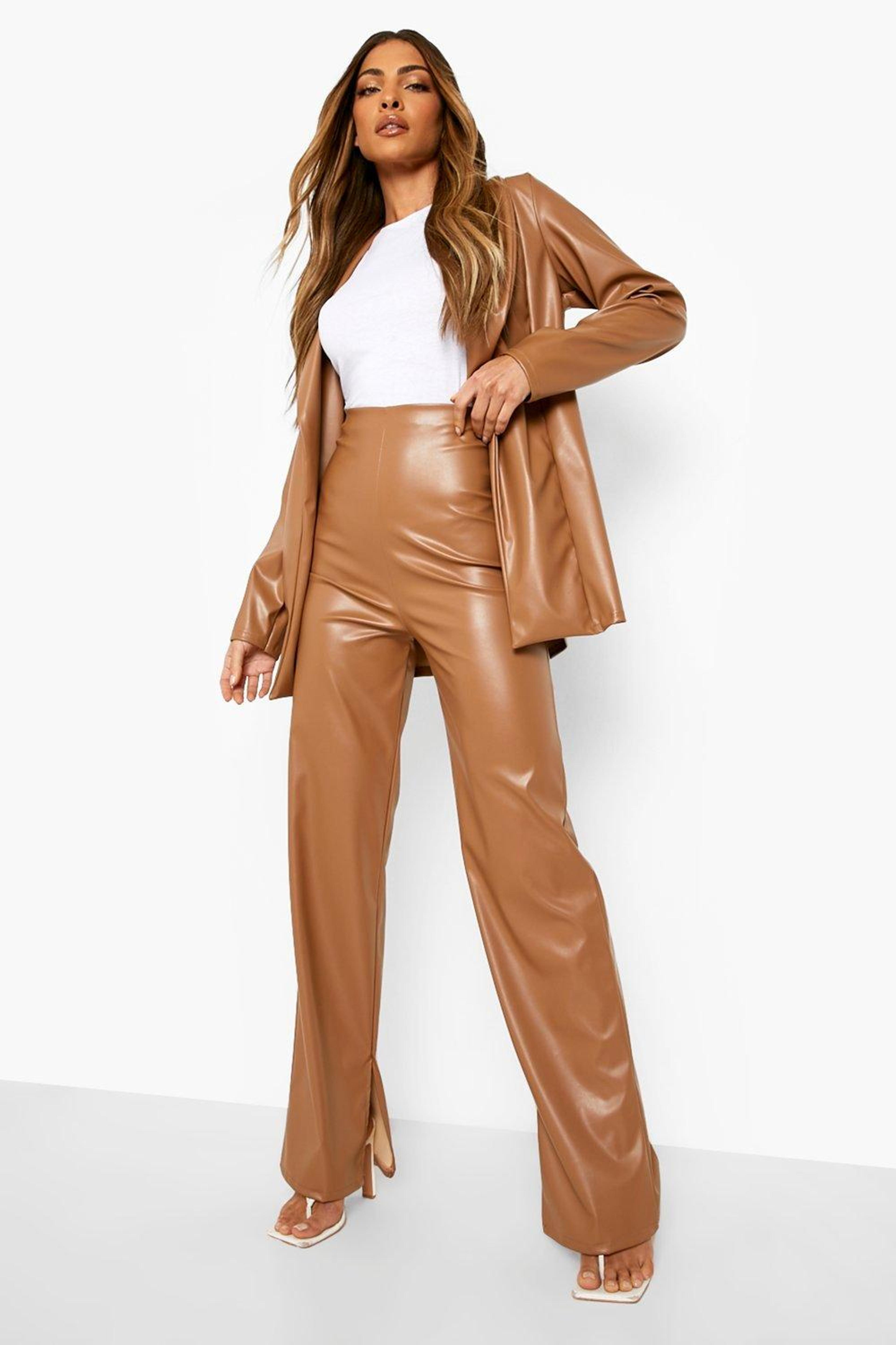 Mix & Match Leather Look Split Hem Trousers | boohoo