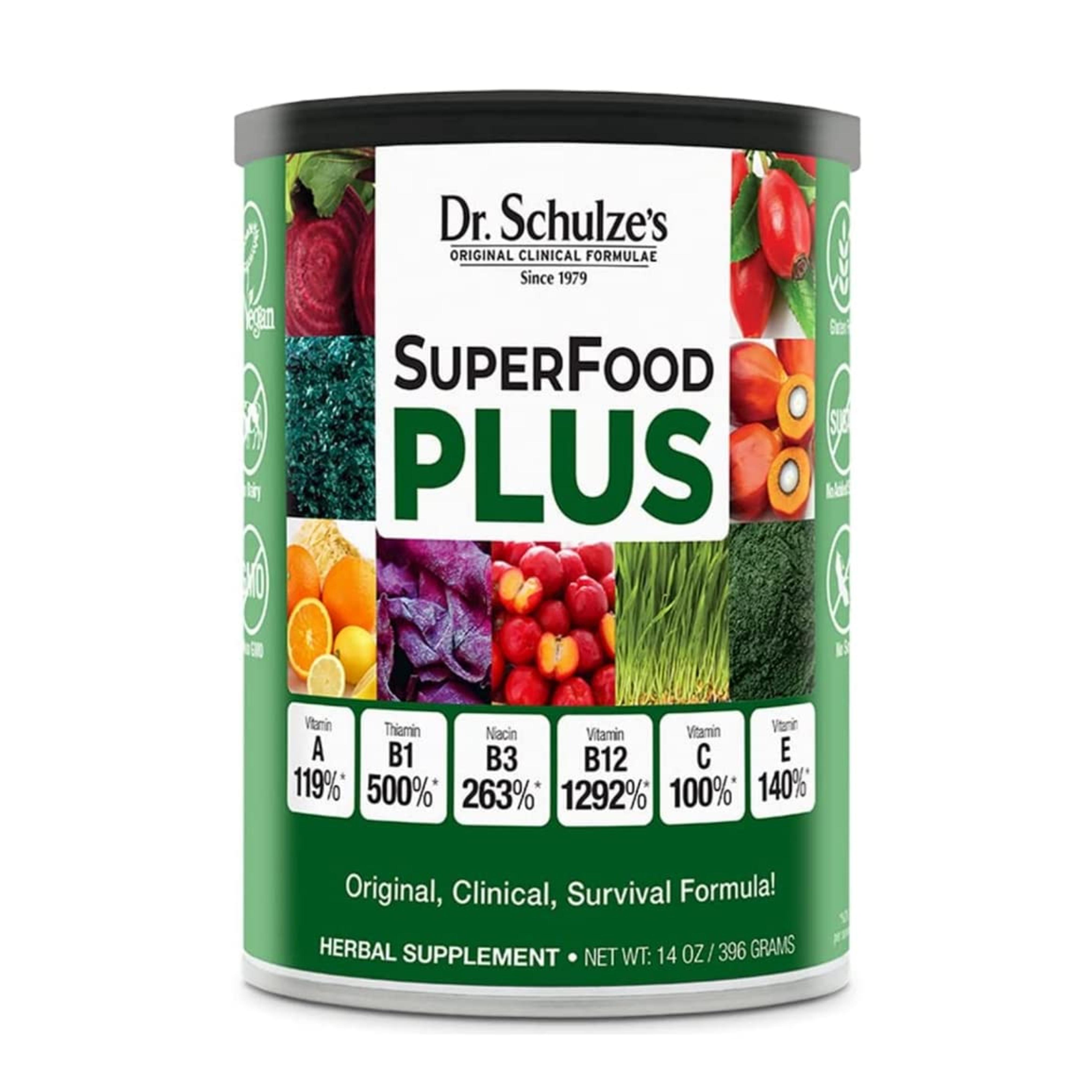 Amazon.com: Dr. Schulze’s SuperFood Plus | Vitamin and Mineral Herbal Concentrate | Daily Nutrition | Gluten-Free and Non-GMO | Vegan | 14 Ounce Powder | Packaging May Vary : Health & Household