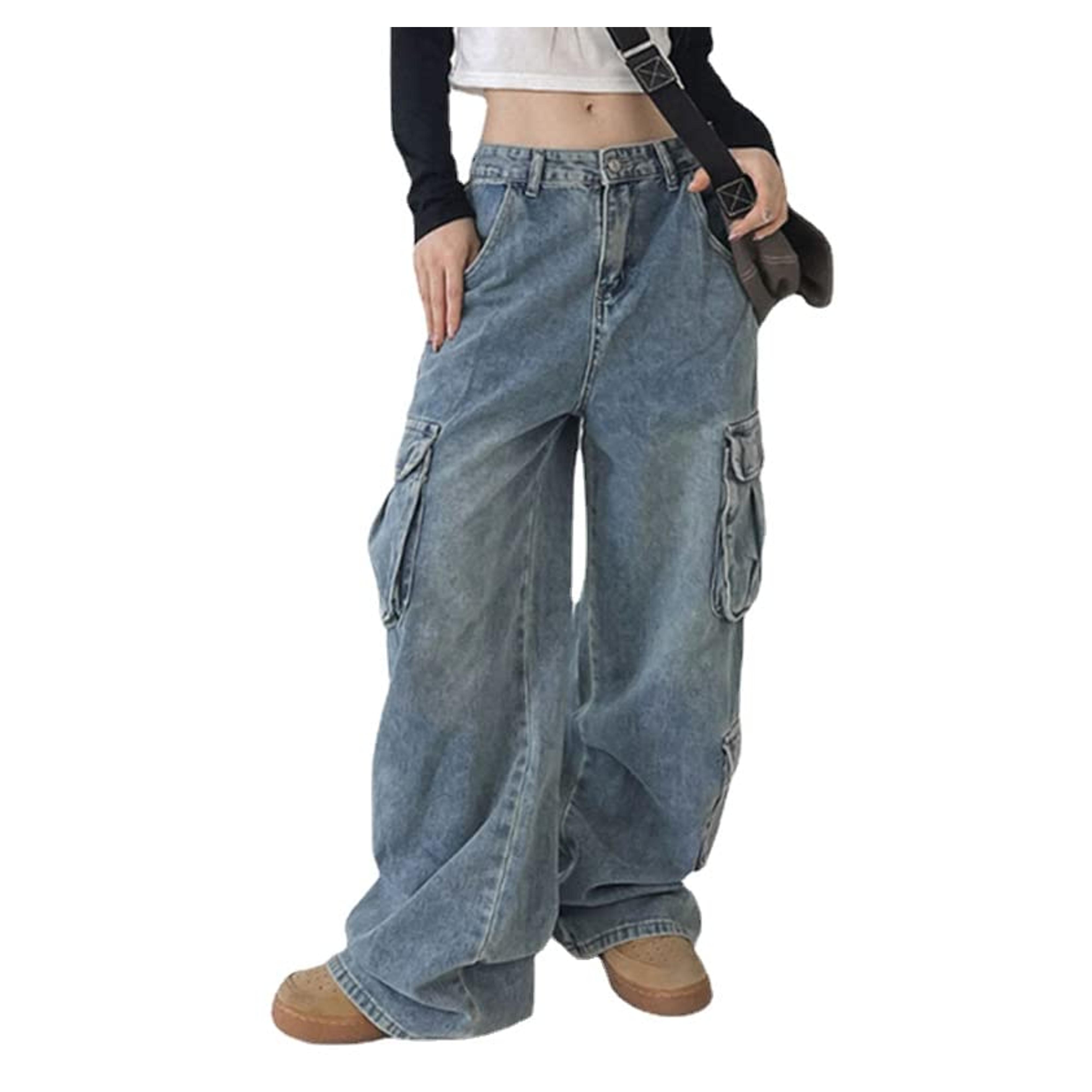 Women's Multi Pocket High Waist Fairy Grunge Jeans Alternative Harajuku Hippie Denim Pants Baggy Emo Acubi Trousers