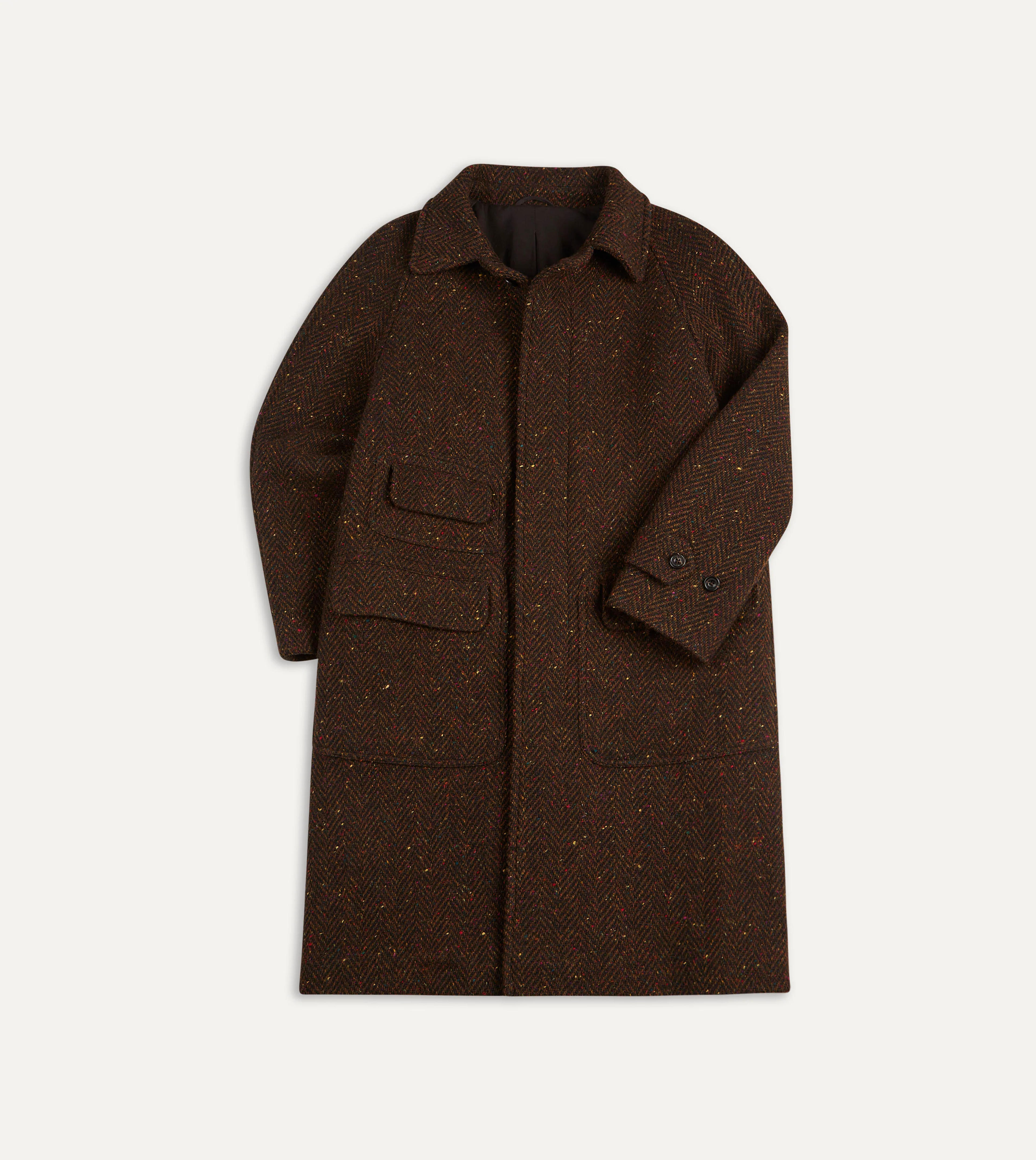 Brown Herringbone Donegal Wool Raglan Coat - 42