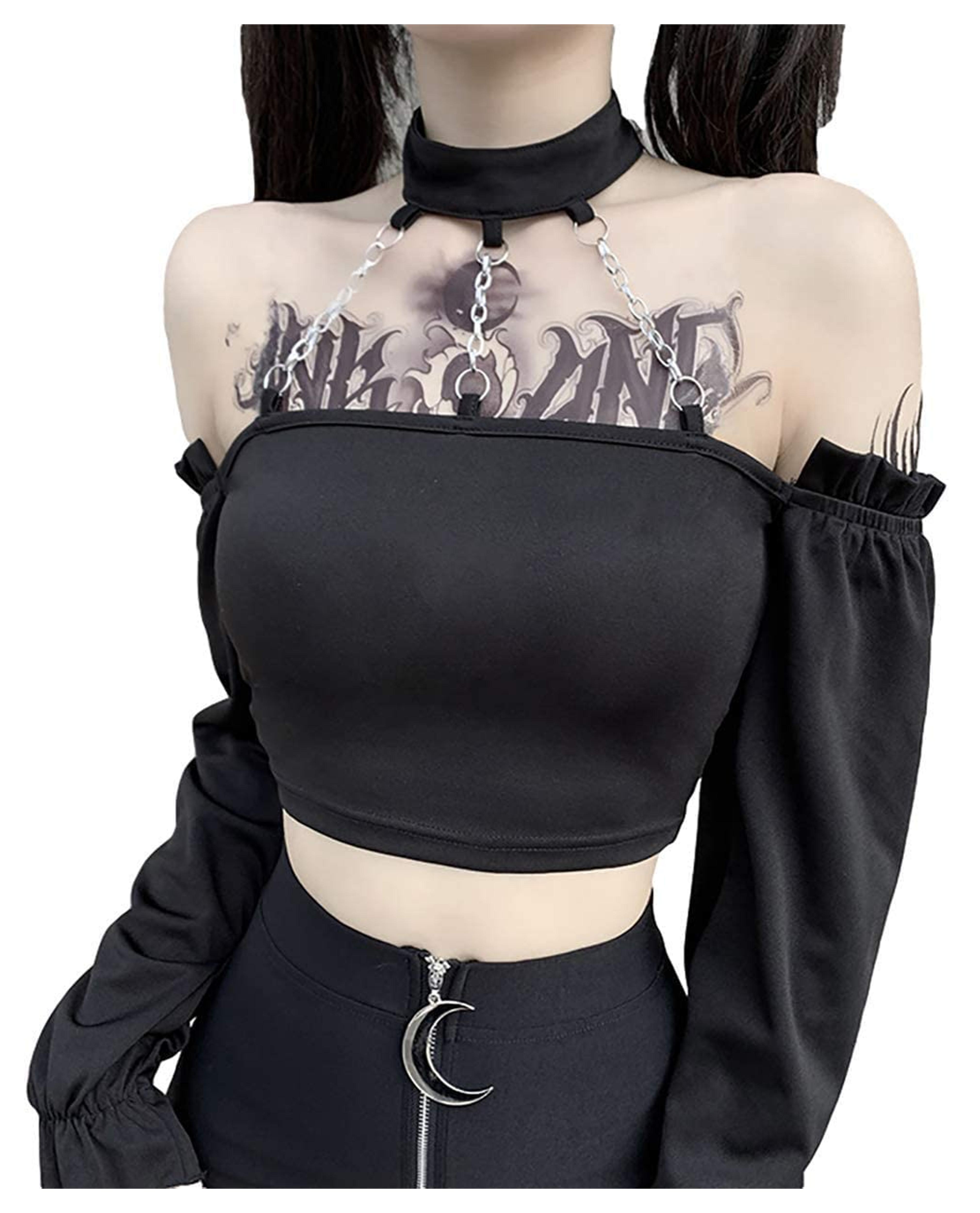 Women's Gothic Harajuku Streetwear Bodycon Off Shoulder Long Sleeve Tops Gothic Black Crop Top Streetwear Punk Chain Patchwork at Amazon Women’s Clothing store