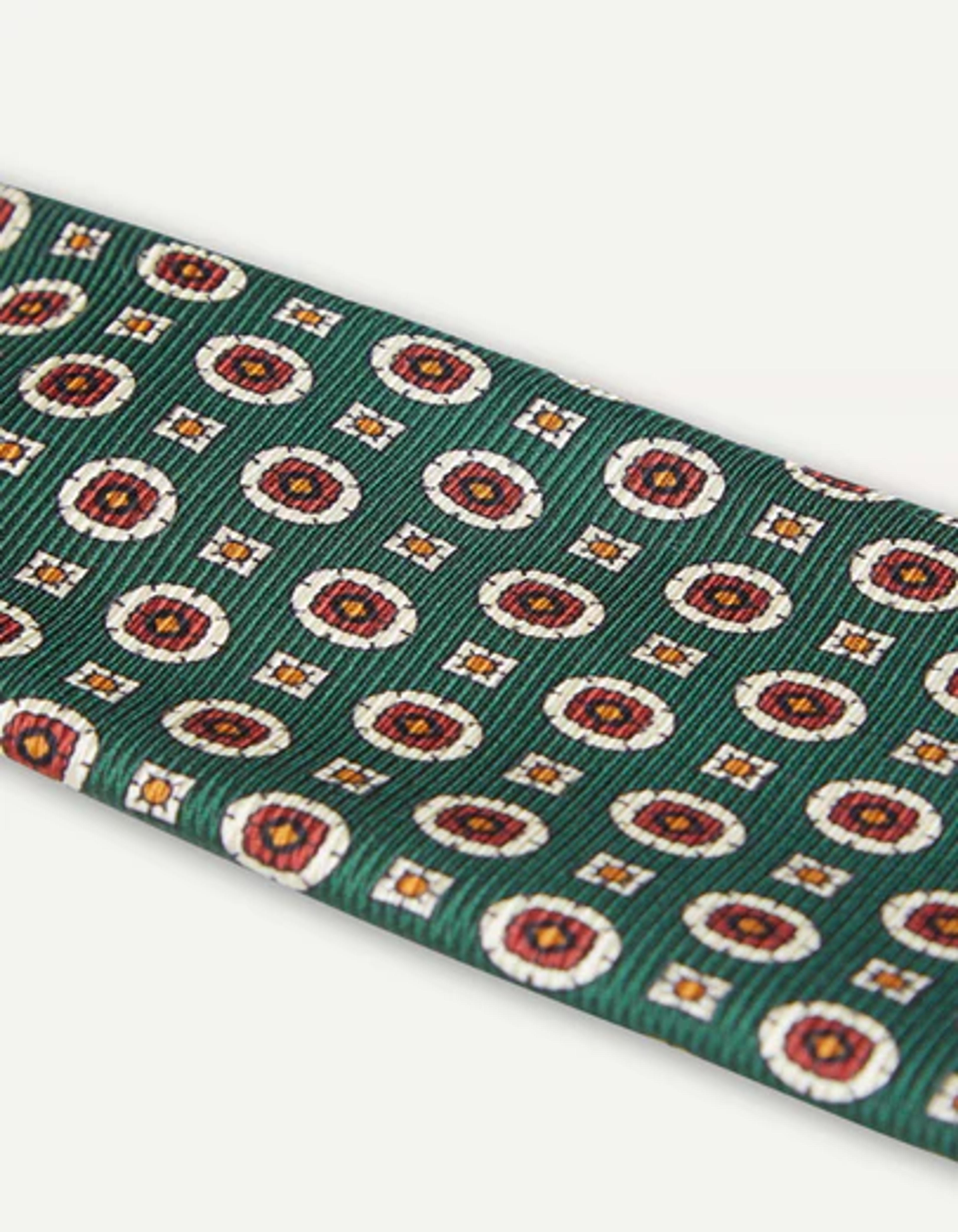 Green and Red Geometric Medallion Print Silk Repp Tie – Drakes