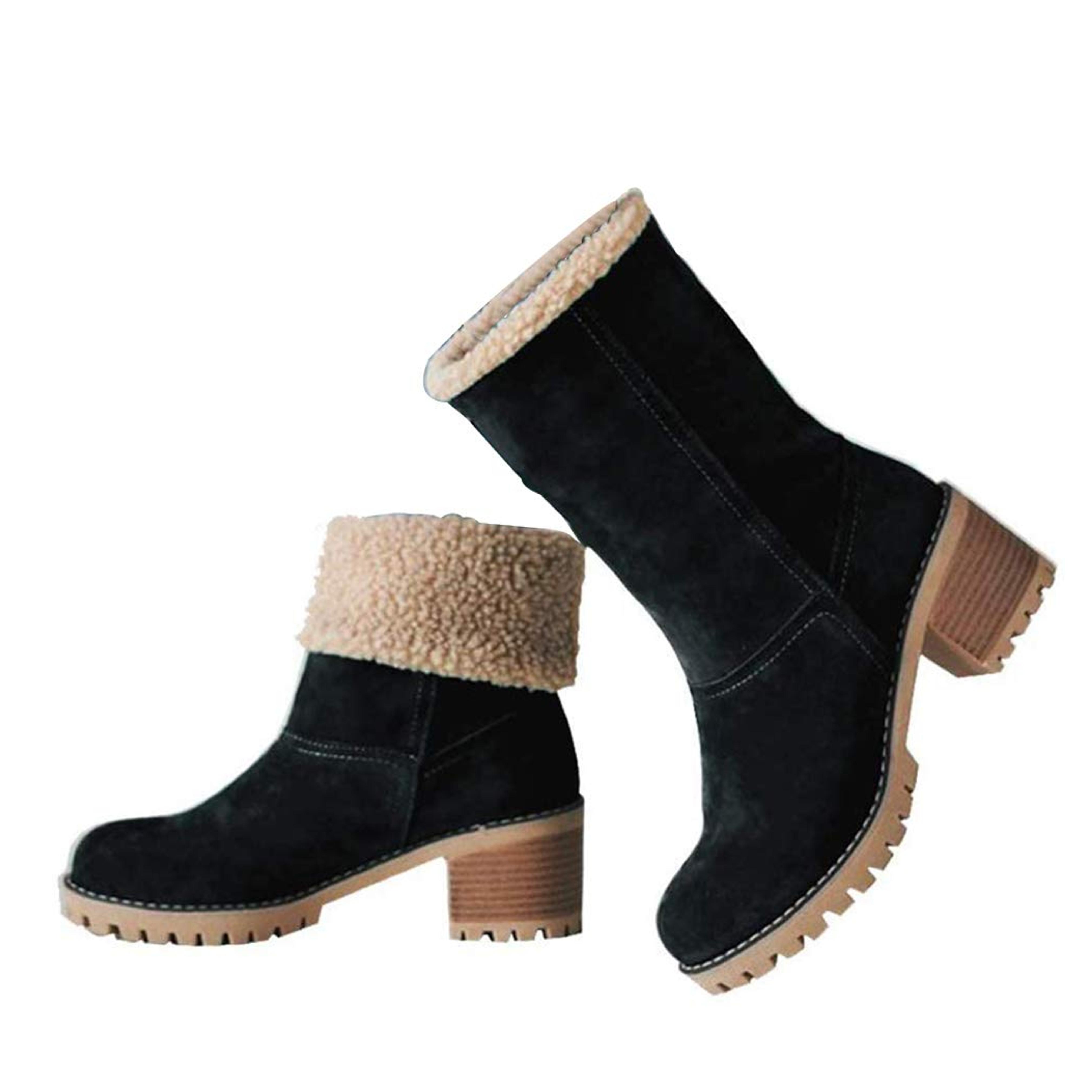 VIMISAOI Winter Boots for Women, Comfortable Slip On Mid Chunky Heel Suede Warm Snow Ankle Boots Outdoor Shoes