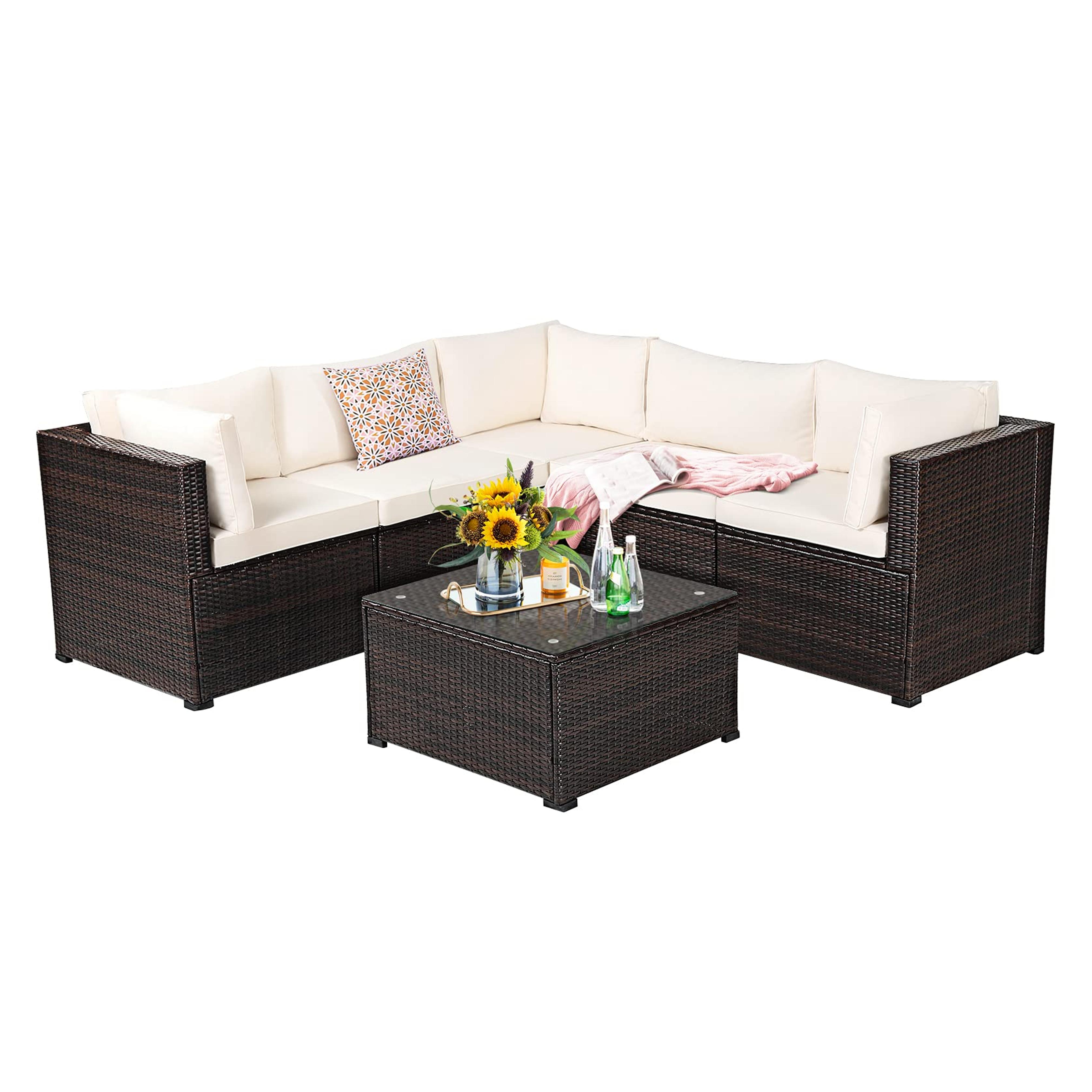 Amazon.com: COSTWAY 6PCS Patio Rattan Furniture Set Sectional Cushioned Sofa Deck Beige : Patio, Lawn & Garden