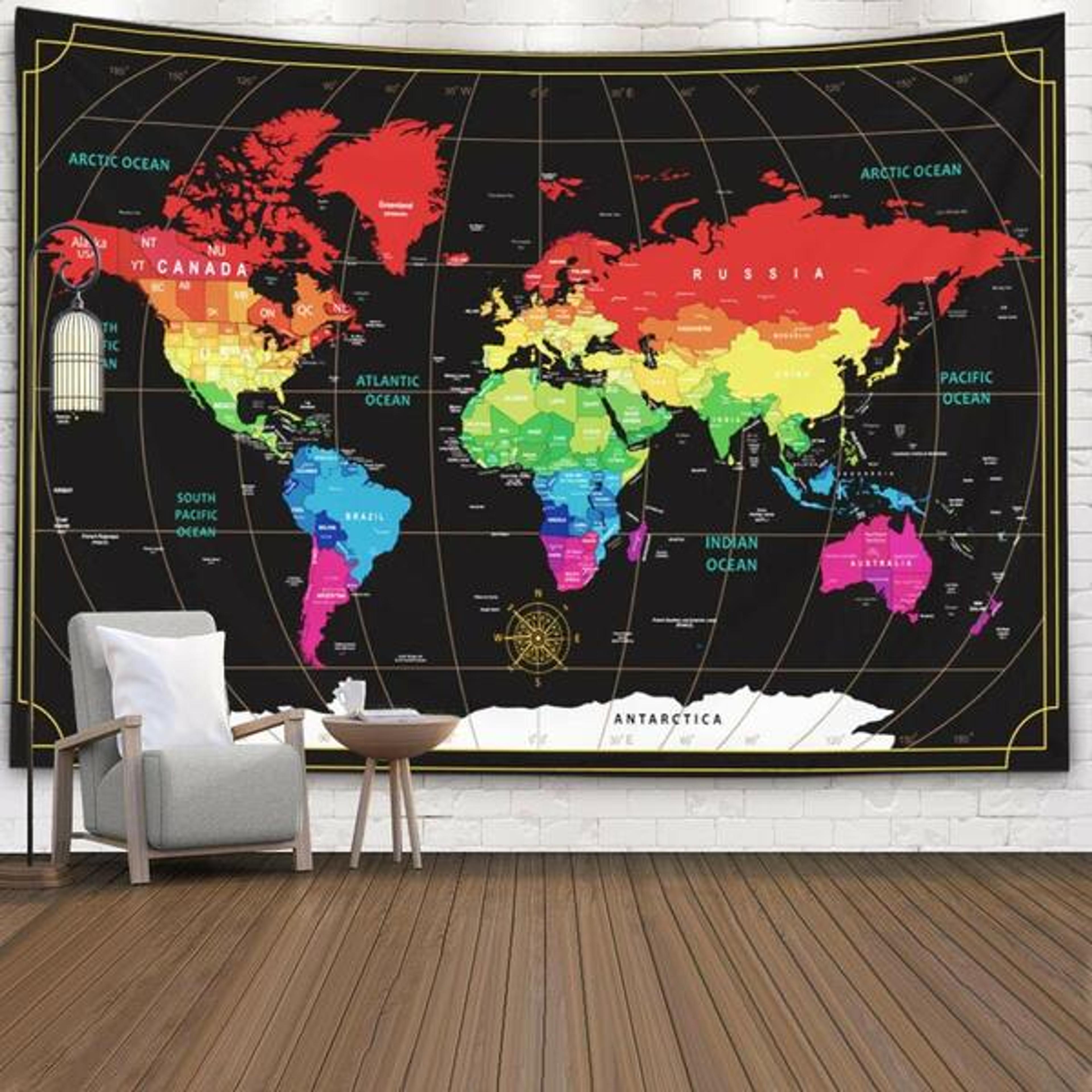 World Map Wall Tapestry,Capsceoll Wall Hanging Decor Wall Art Hanging Dorm World Map Large Wall Map Cool World Map Decorative Wall Art Travel Wall Decor 80X60 Inches,Black Red - LnBMall.com