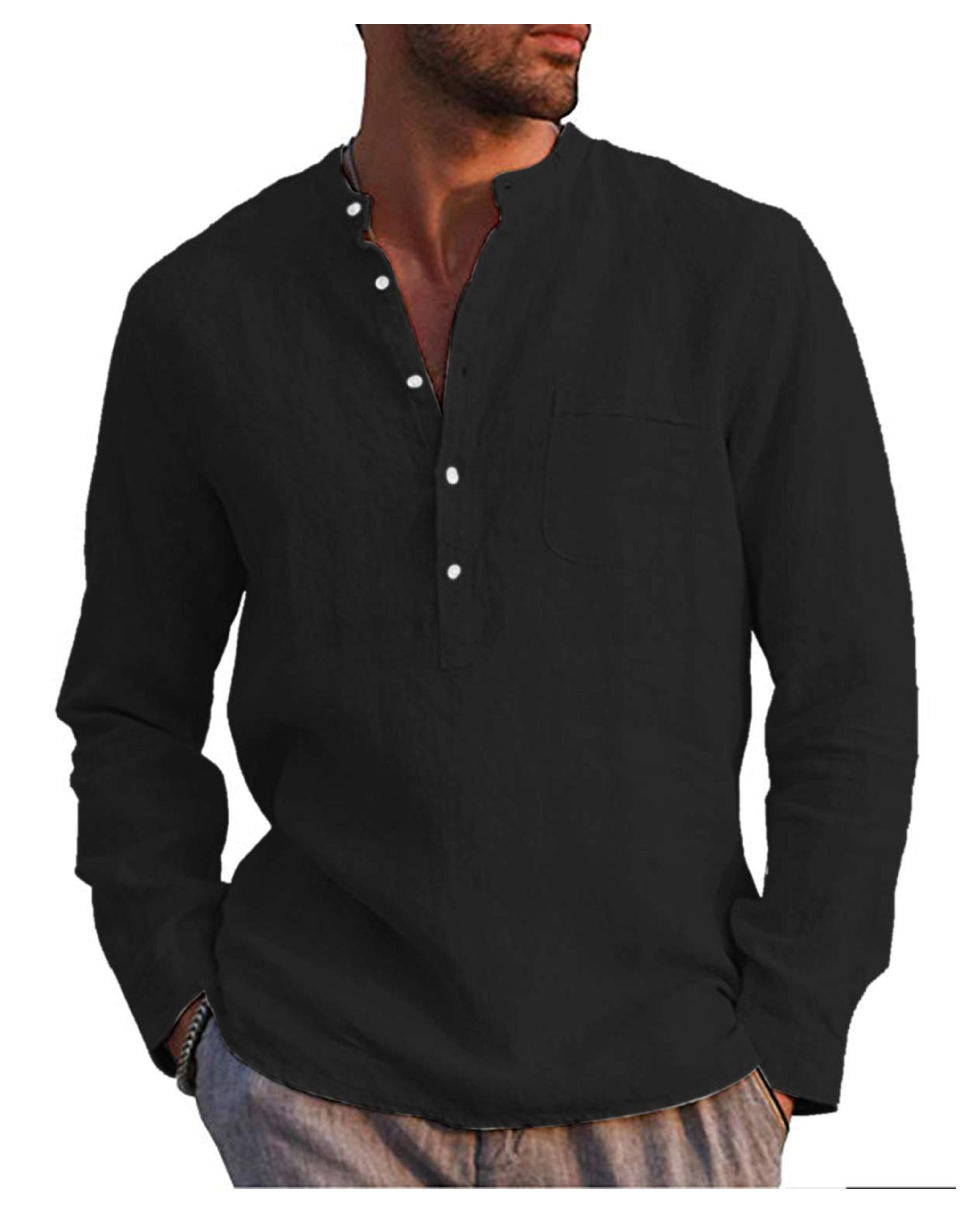 AUDATE Mens Cotton Linen Henley Shirt Winter Casual Long Sleeve Tops Shirt Black 2XL