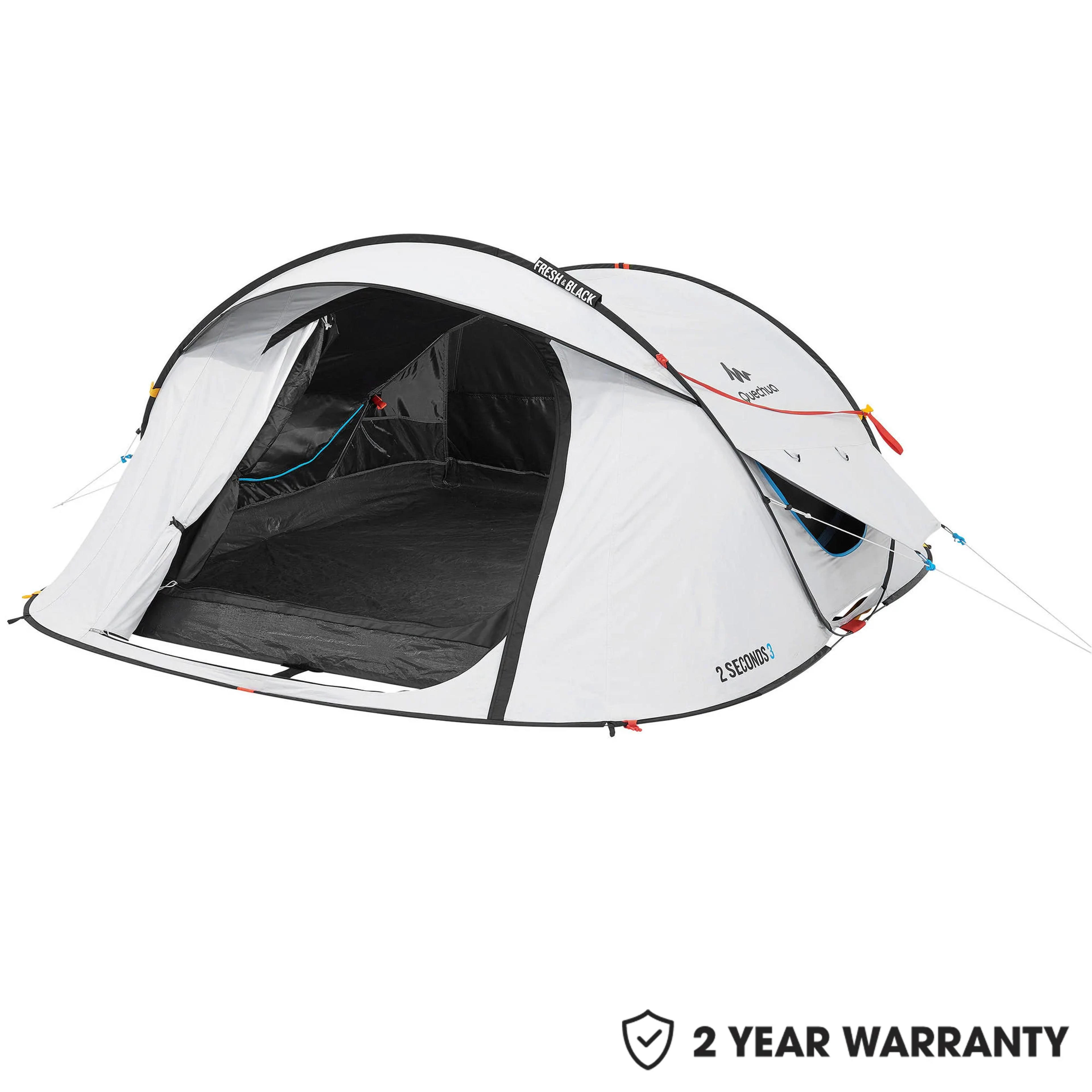 Quechua 2 Second Fresh & Black, Waterproof Pop Up Camping Tent, 3 Person - Snowy White / 3 Person / 8505871