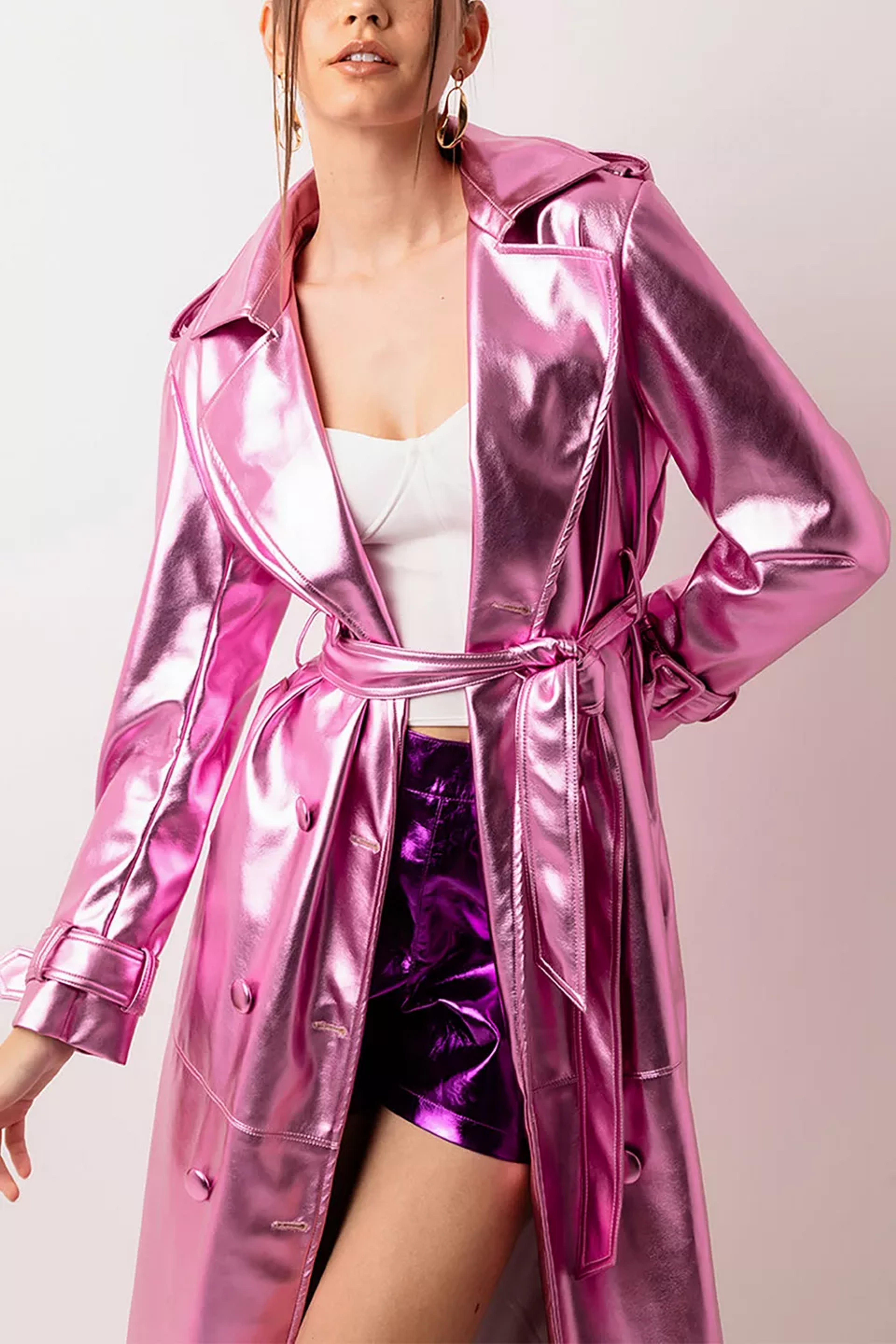 Amy Lynn Faux Leather Metallic Trench Coat | Urban Outfitters