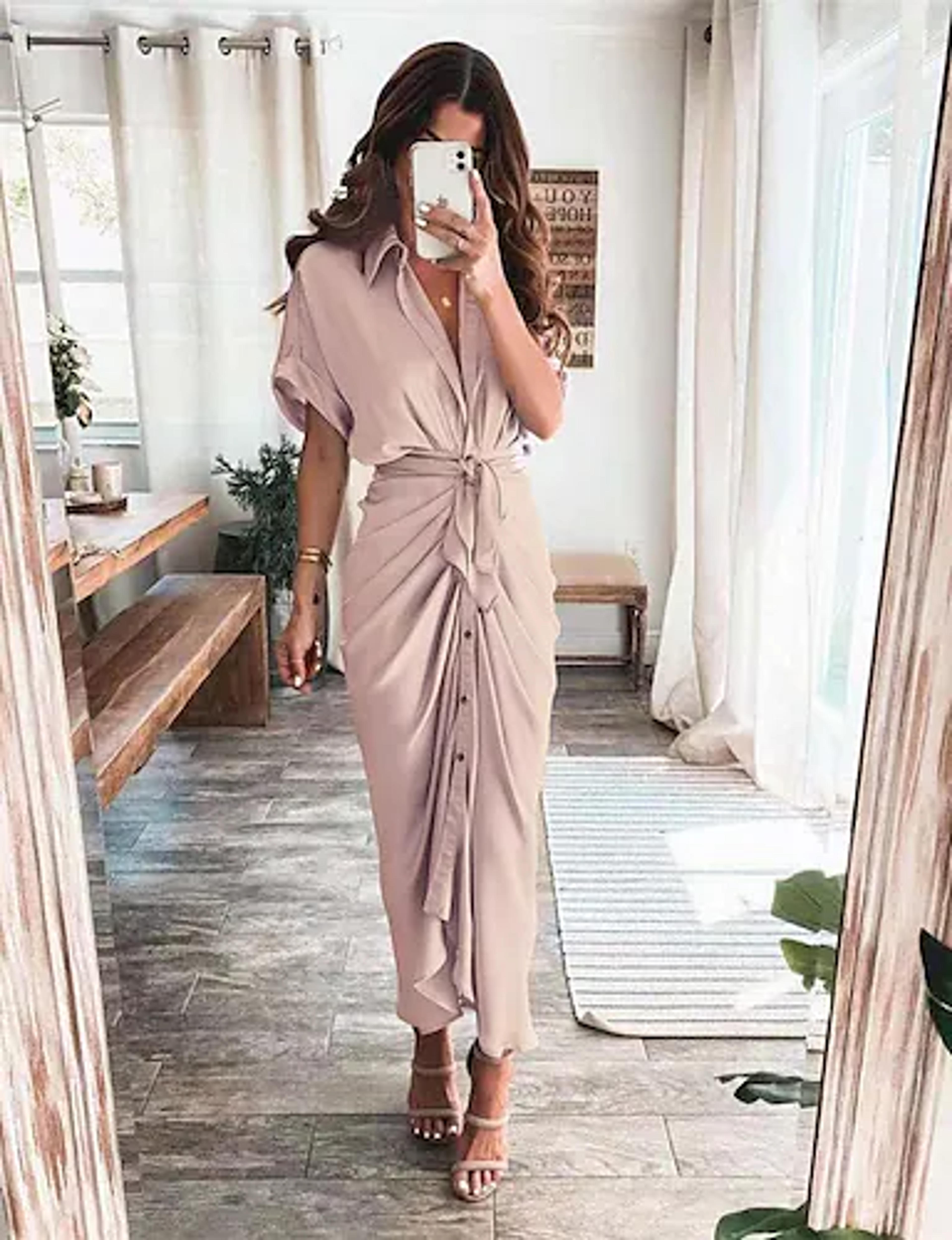 Women's Shirt Dress Maxi long Dress Green Black Blue Purple Pink Wine Army Green Gold Orange Light gray Short Sleeve Pure Color Ruched Lace up Button Fall Spring Shirt Collar Elegant Casual Party 8710037 2022 – $33.99