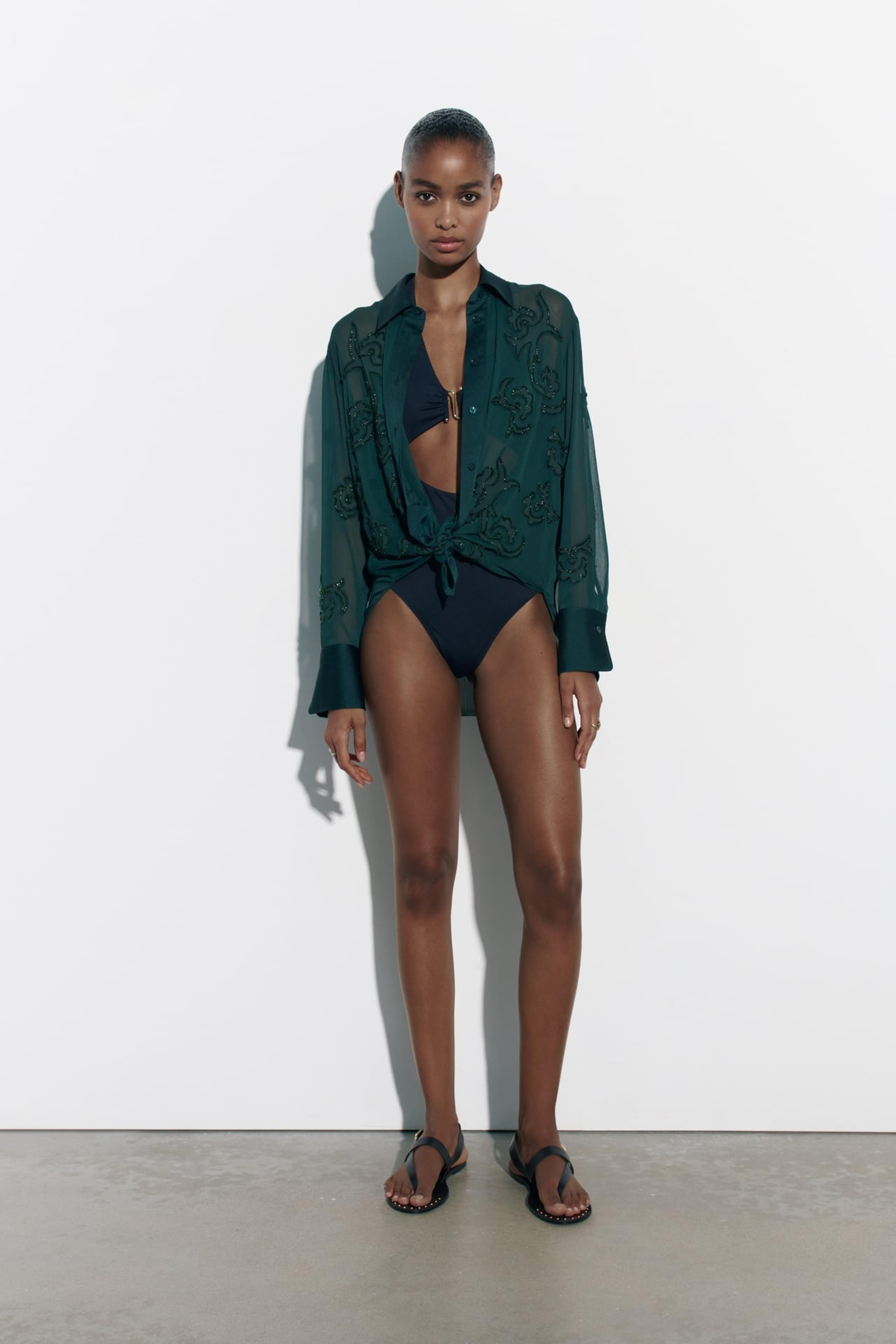 EMBROIDERED SEMI-SHEER BLOUSE - Dark green | ZARA United States