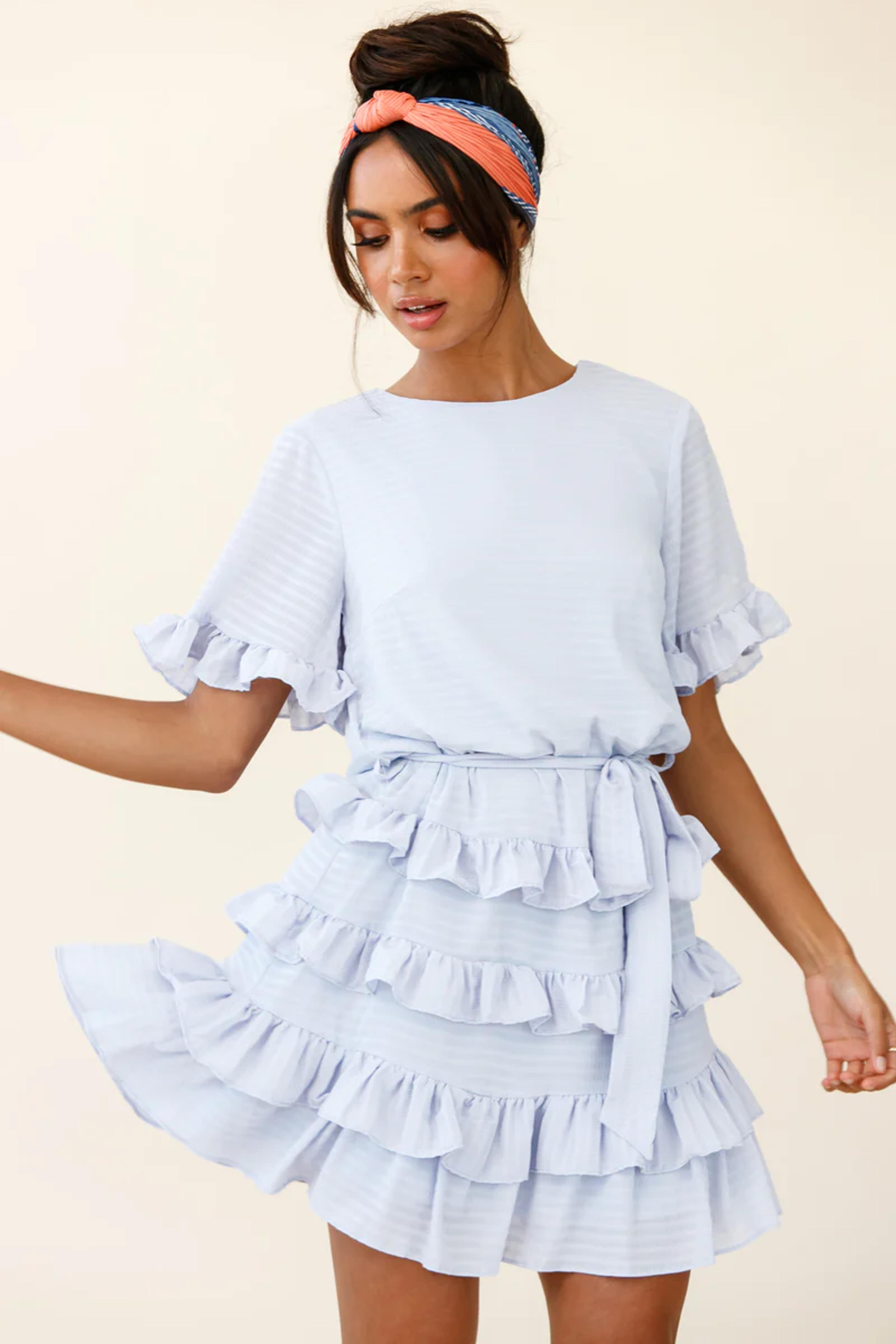 Shop the Zipporah Short Sleeve Layered Ruffle Dress Grey | Selfie Leslie