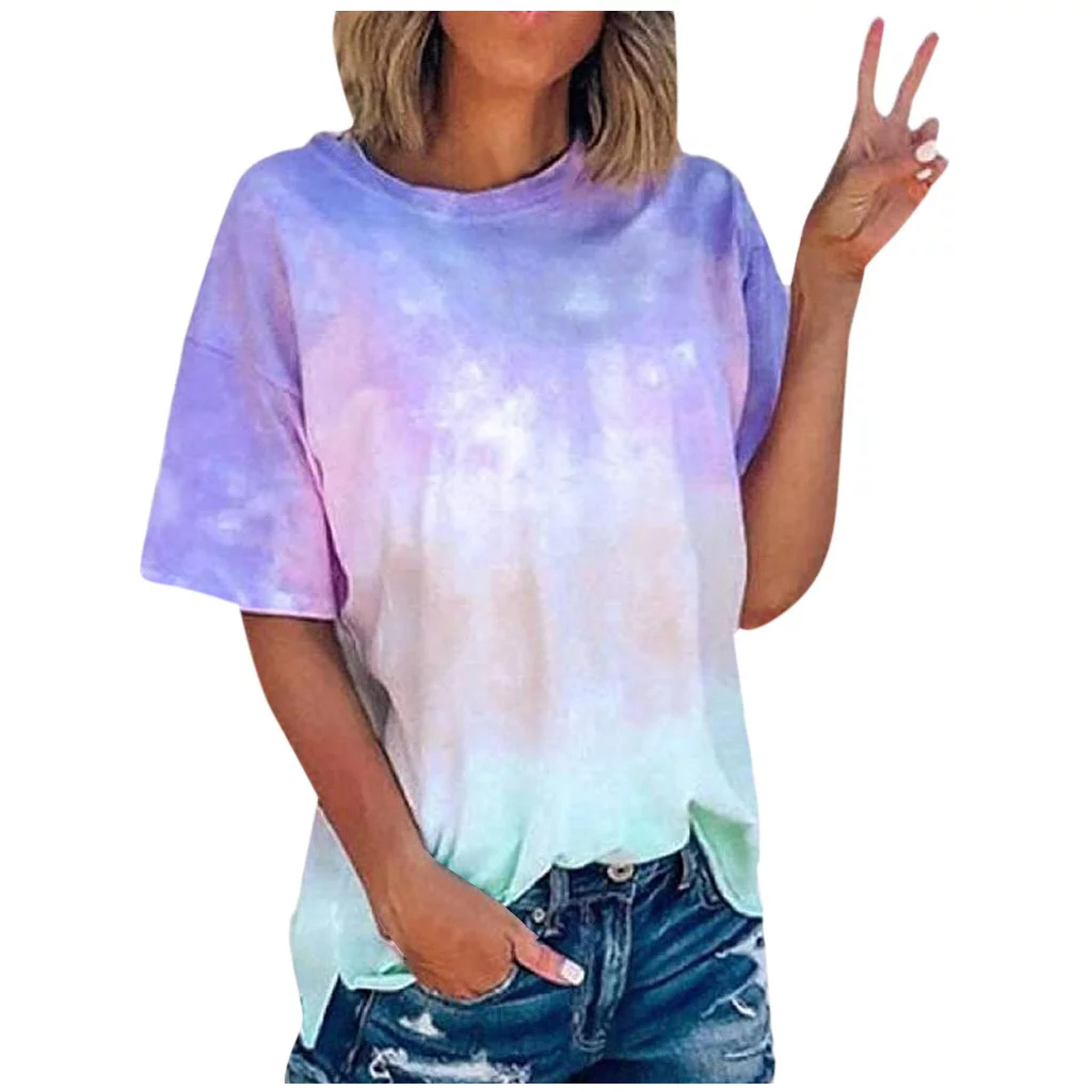 RYDCOT Women Summer Tie-Dye Short Sleeve Crew-Neck T-Shirt Casual Tee Tops（S-5XL） Blue XL