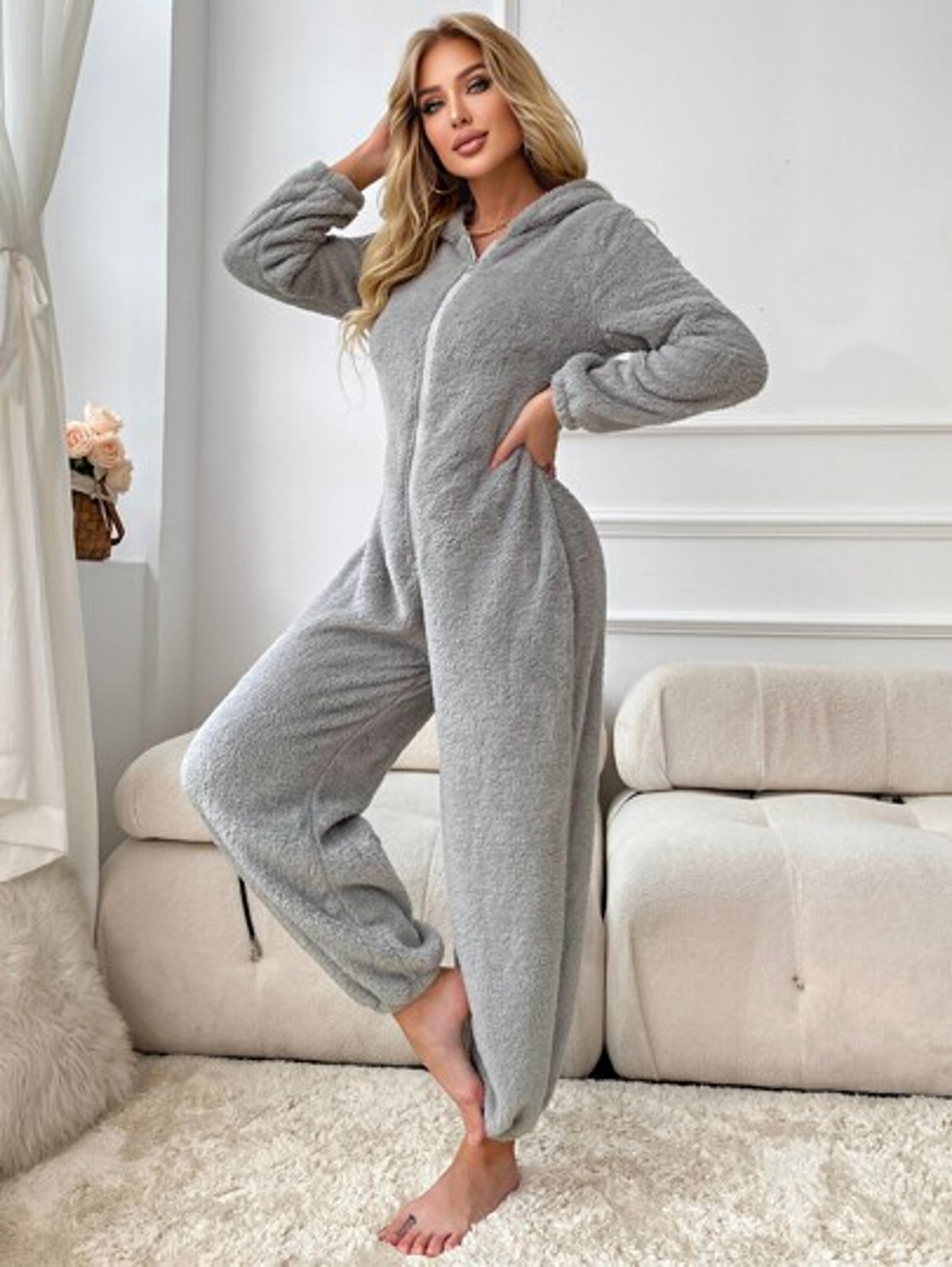 3D Ear Design Zipper Hooded Flannel Lounge Jumpsuit | SHEIN USA