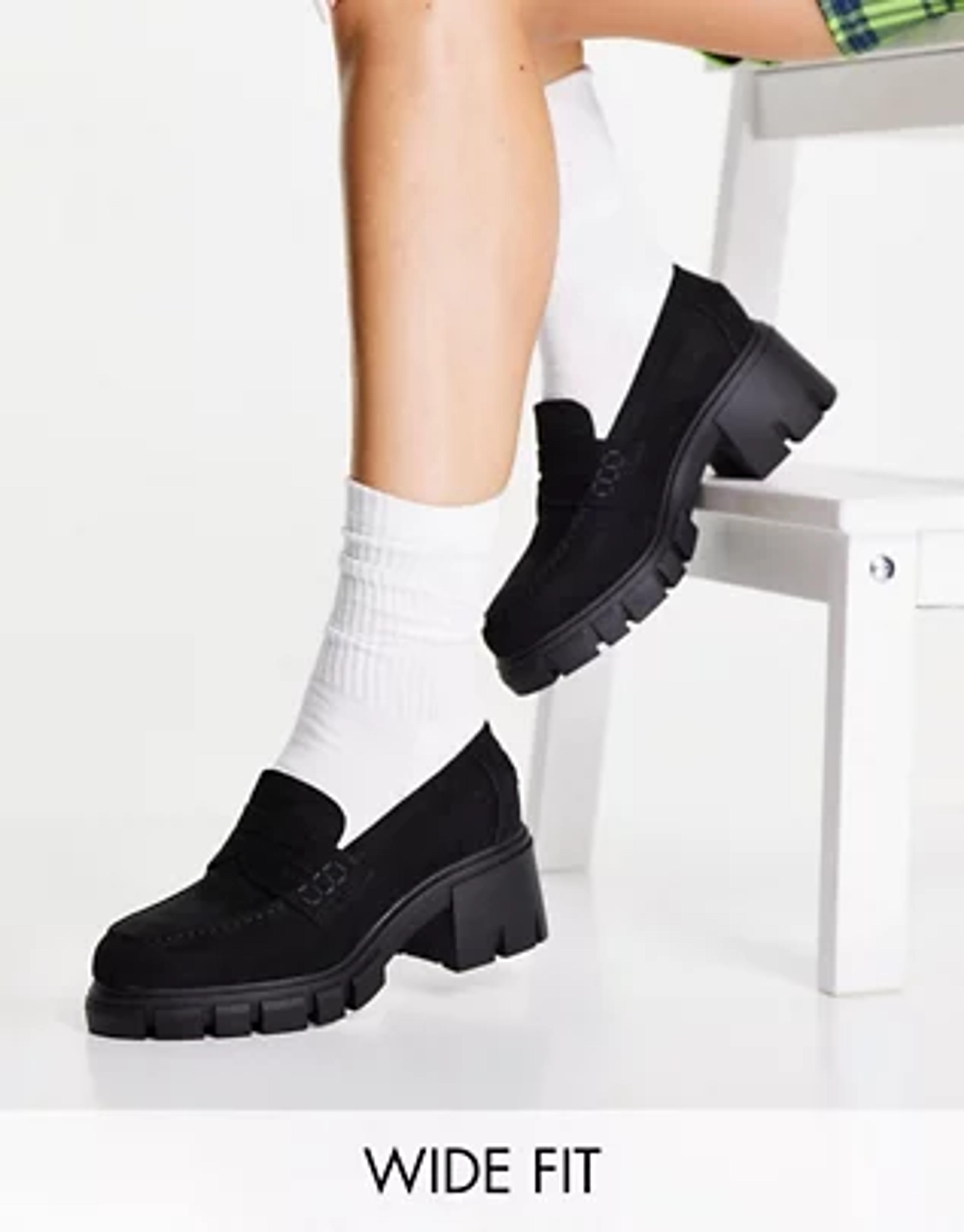 ASOS DESIGN Wide Fit Storm chunky mid heeled loafers in black | ASOS