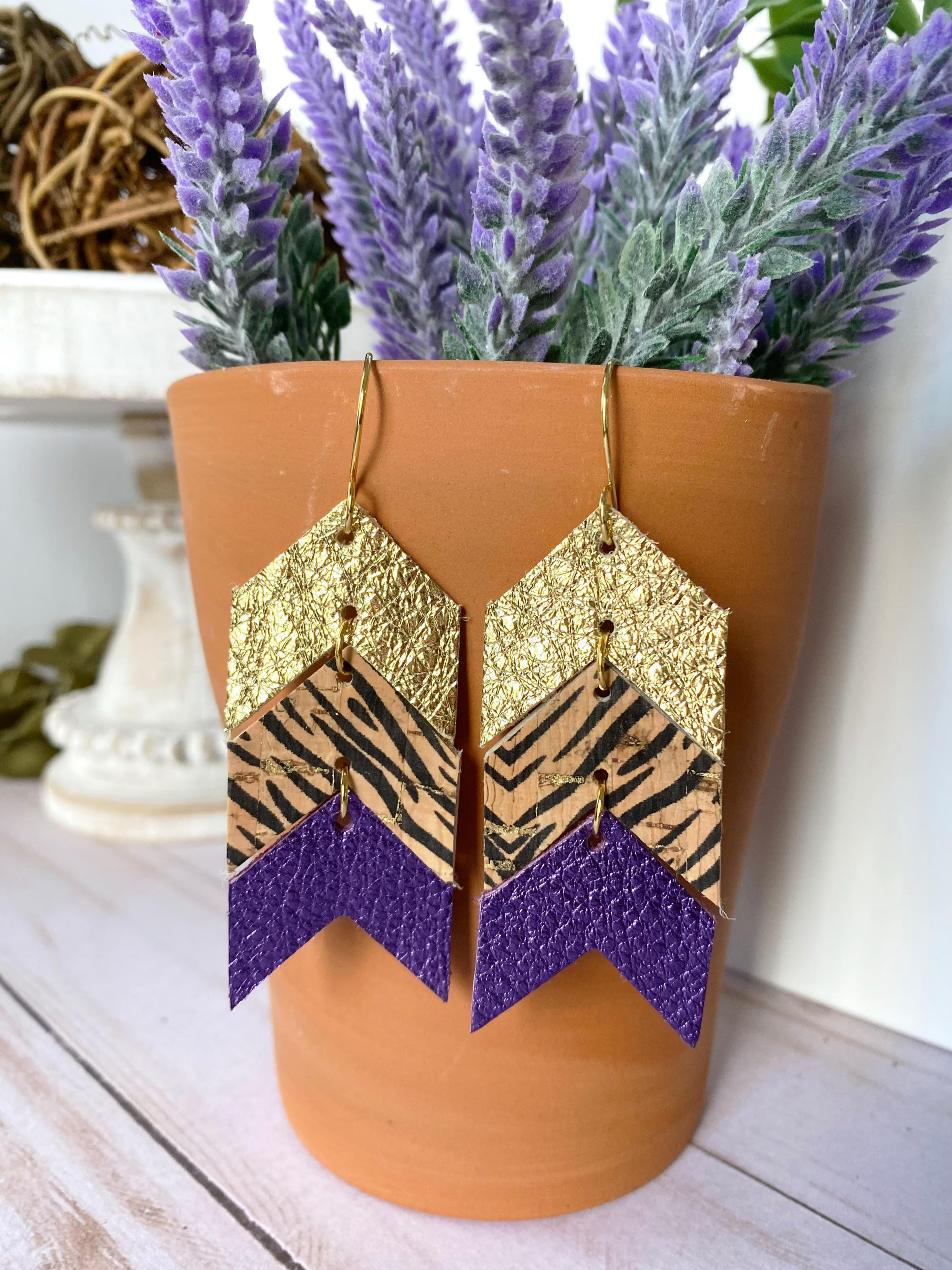 Leather Chevron Tiger Earrings LSU Game Day Earrings Purple - Etsy