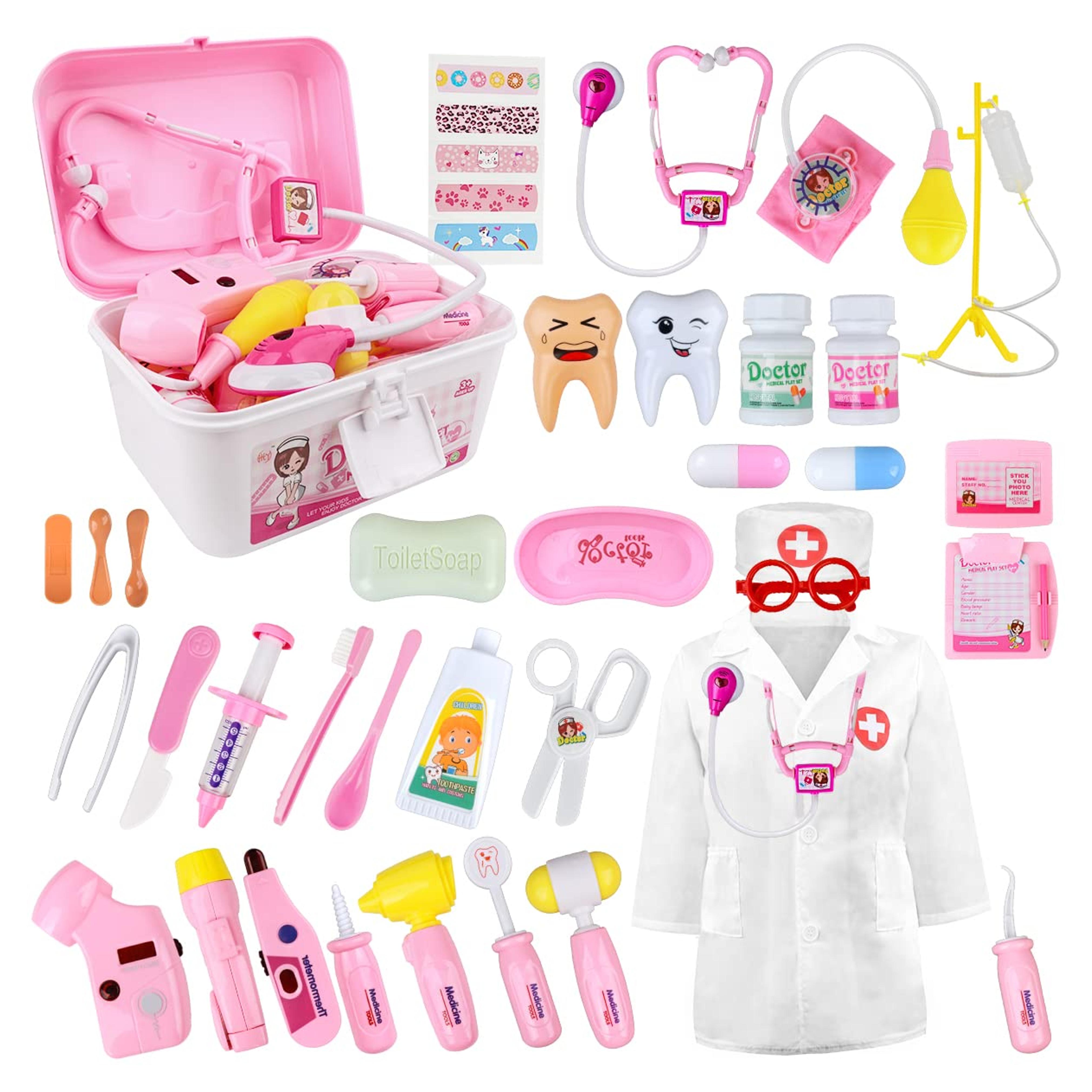 Medical Kit for Kids - 35 Pieces Doctor Pretend Play Equipment, Dentist Kit for Kids, Doctor Play Set with Gift Case (Pink)