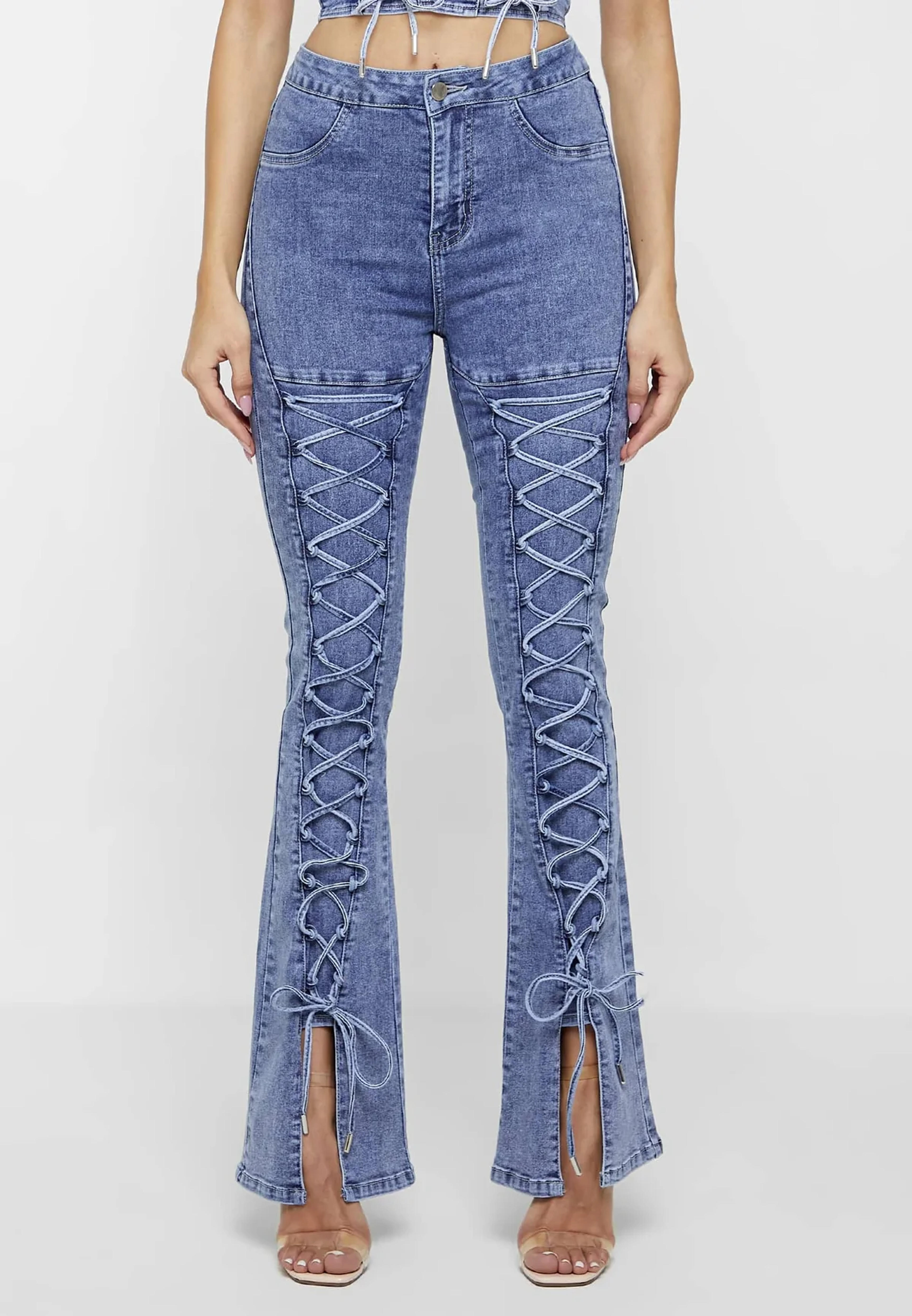 Lace Up Fit and Flare Jeans - Blue