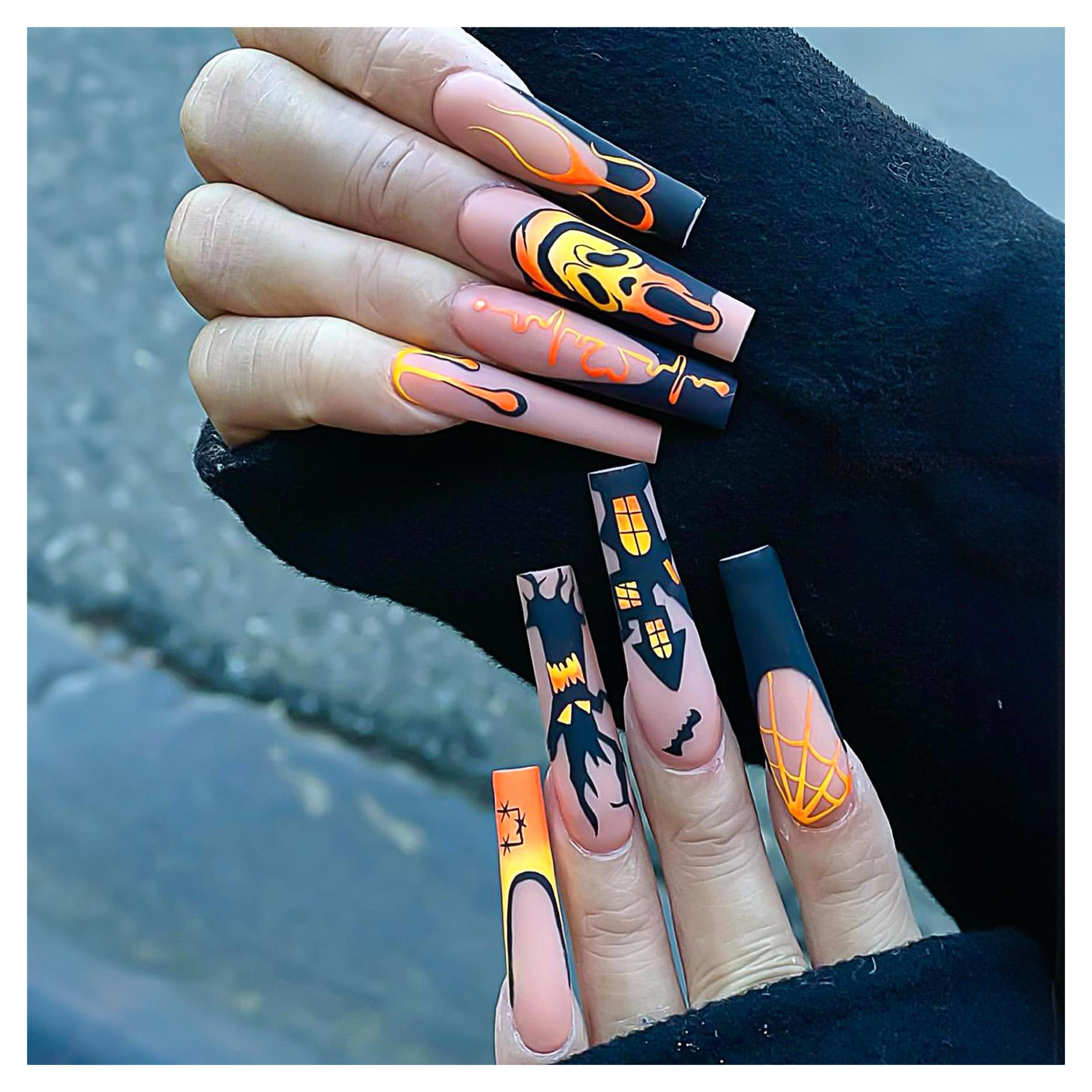 Halloween Press on Nails Extra Long Square Fake Nails,Glue On Nails with Nail Glue,with Ghost Face Dryad Designs Halloween False Nails Full Cover Glossy Acrylic Nails Stick on Nails for Women 24Pcs.