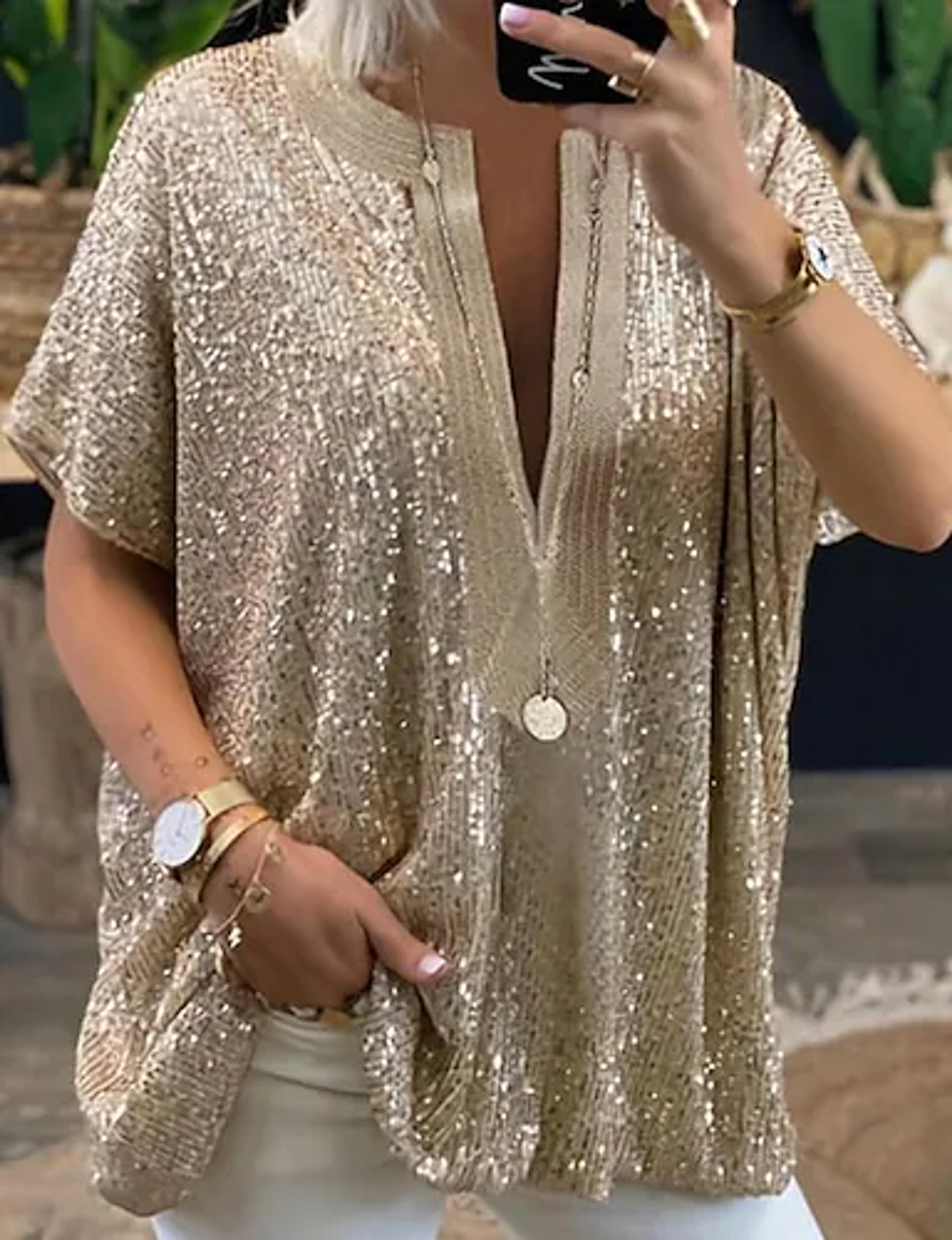 Women's Plus Size Curve Curve Tops Blouse Shirt Plain Sequins Half Sleeve V Neck Festival Daily Vacation Polyester Spring Summer Gold 9224162 2022 – $27.99