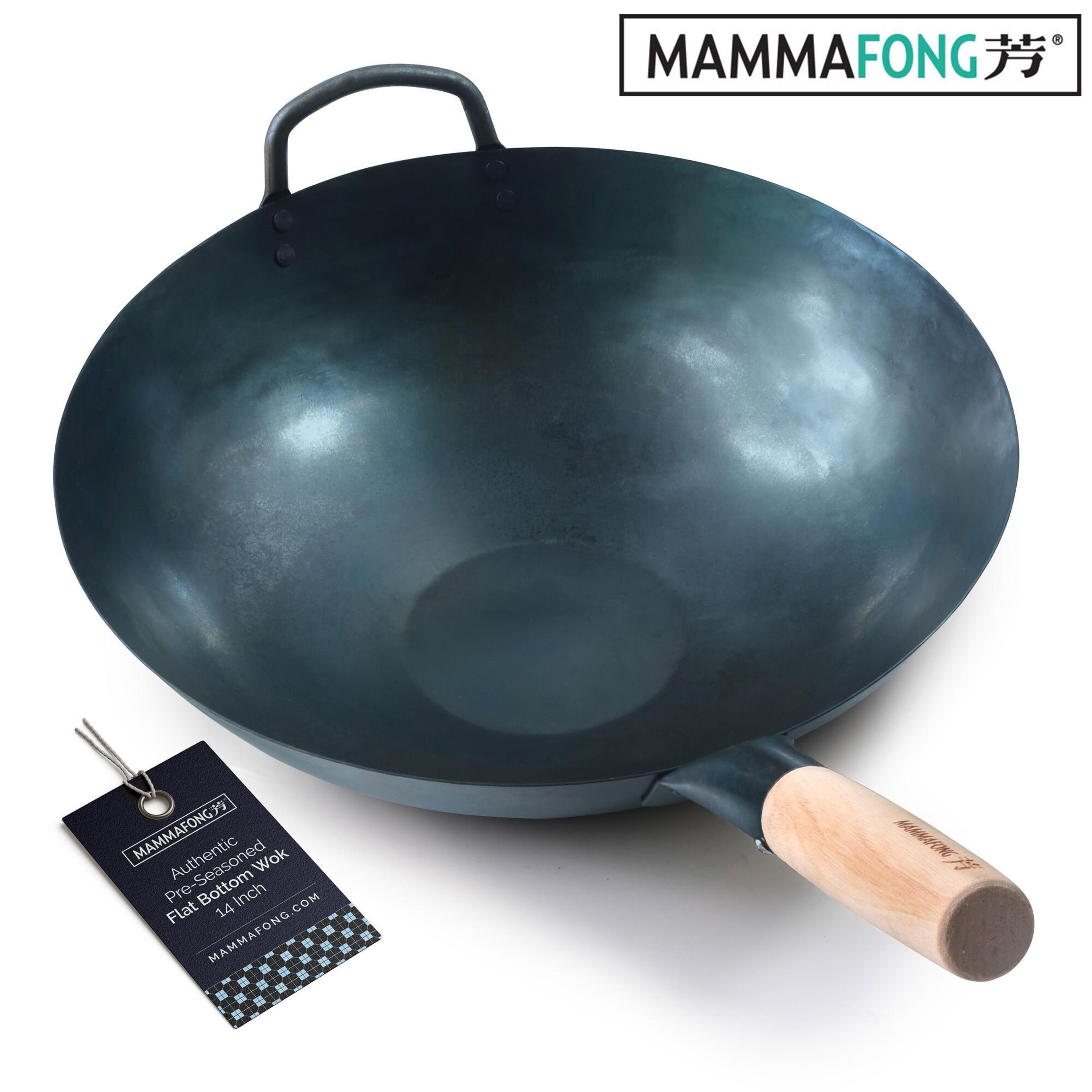 Pre-Seasoned Blue Carbon Steel Hand Hammered Flat Bottom Pow Wok - 14" With Helper Handle