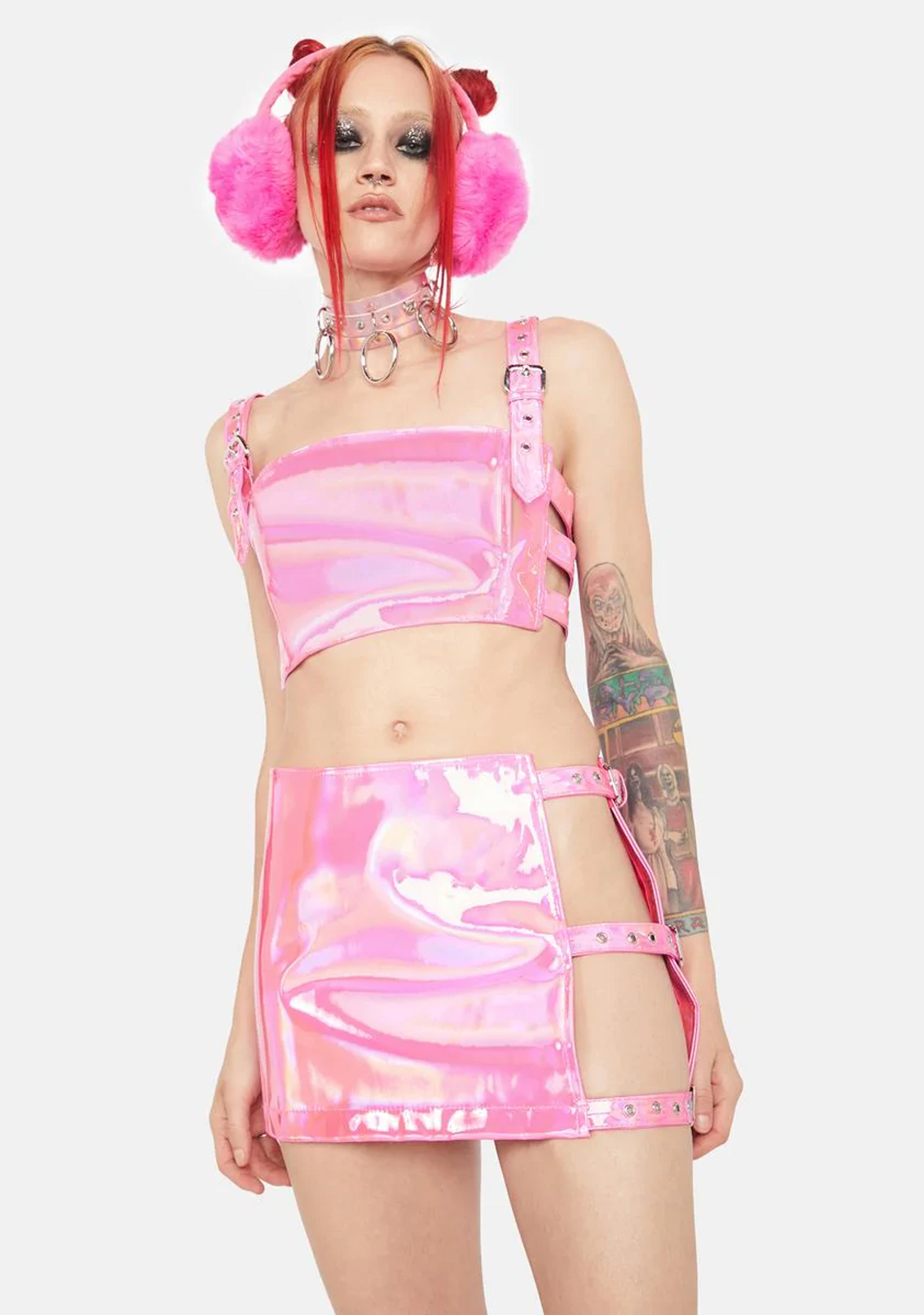 Club Exx Rave Festival Fashion Pink Bondage Belt Buckle Holographic Iridescent Crop Top – Dolls Kill