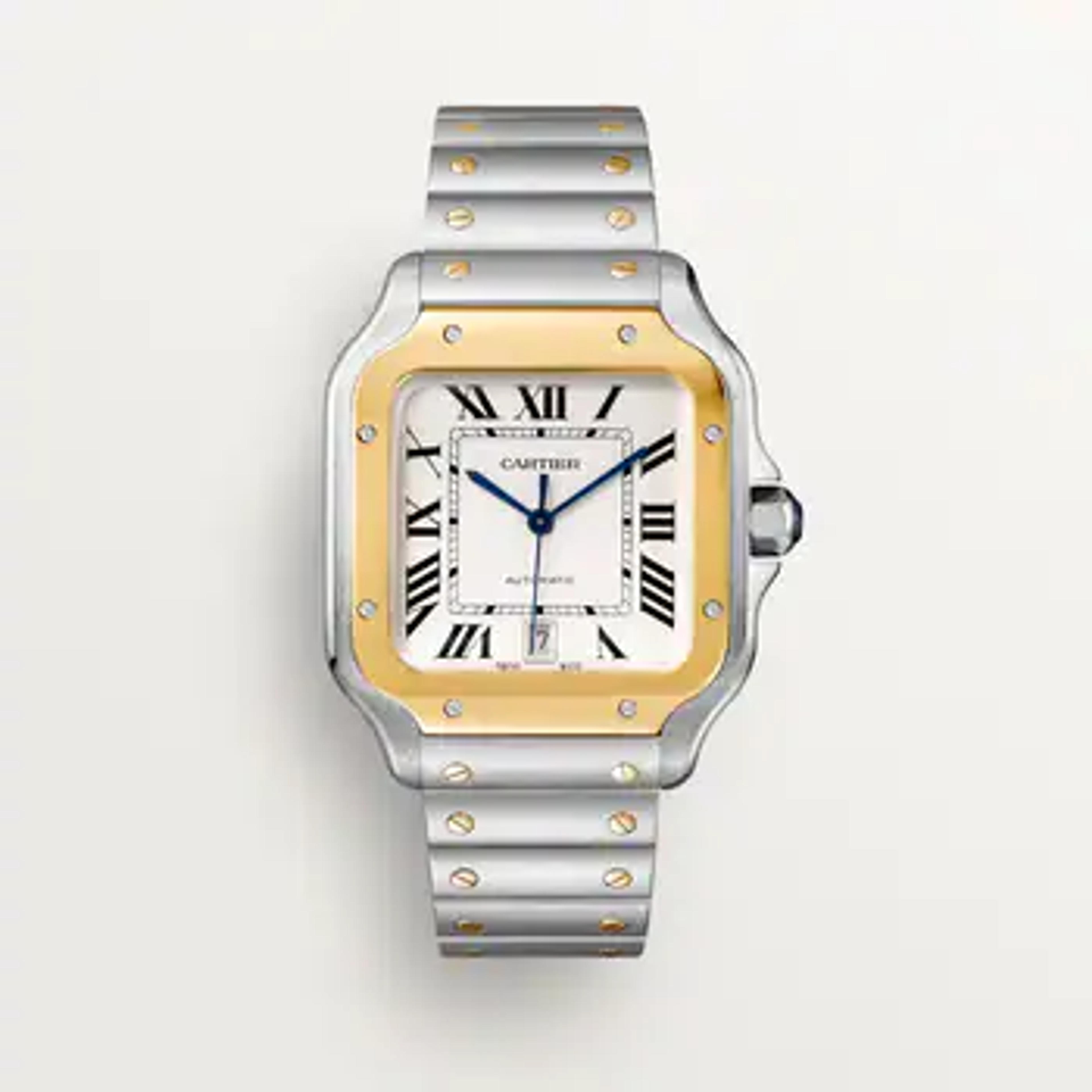 CRW2SA0009 - Santos de Cartier watch - Large model, automatic movement, yellow gold, steel, interchangeable metal and leather bracelets - Cartier