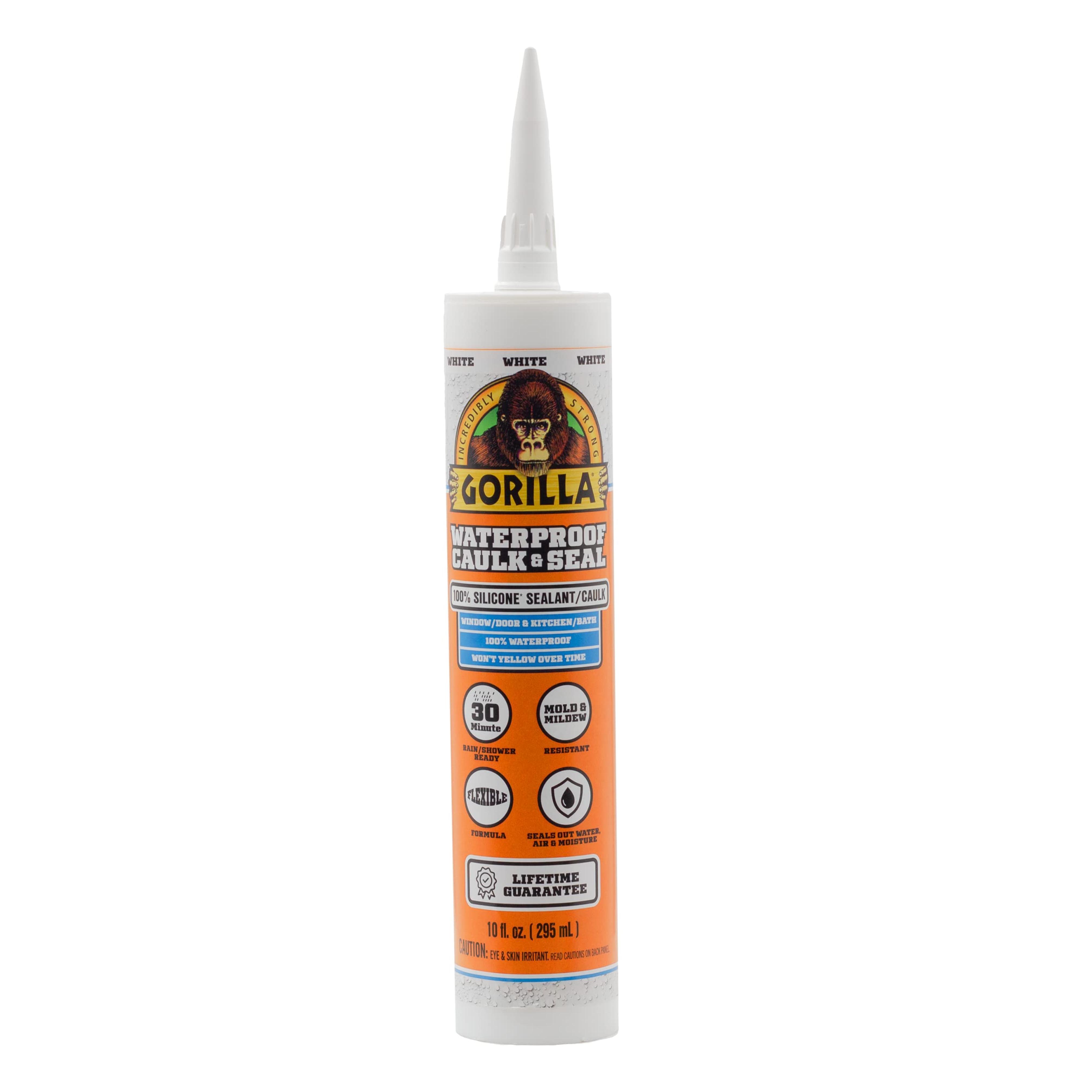 Gorilla Waterproof Caulk & Seal 100% Silicone Sealant, White, 10oz Cartridge (Pack of 1)