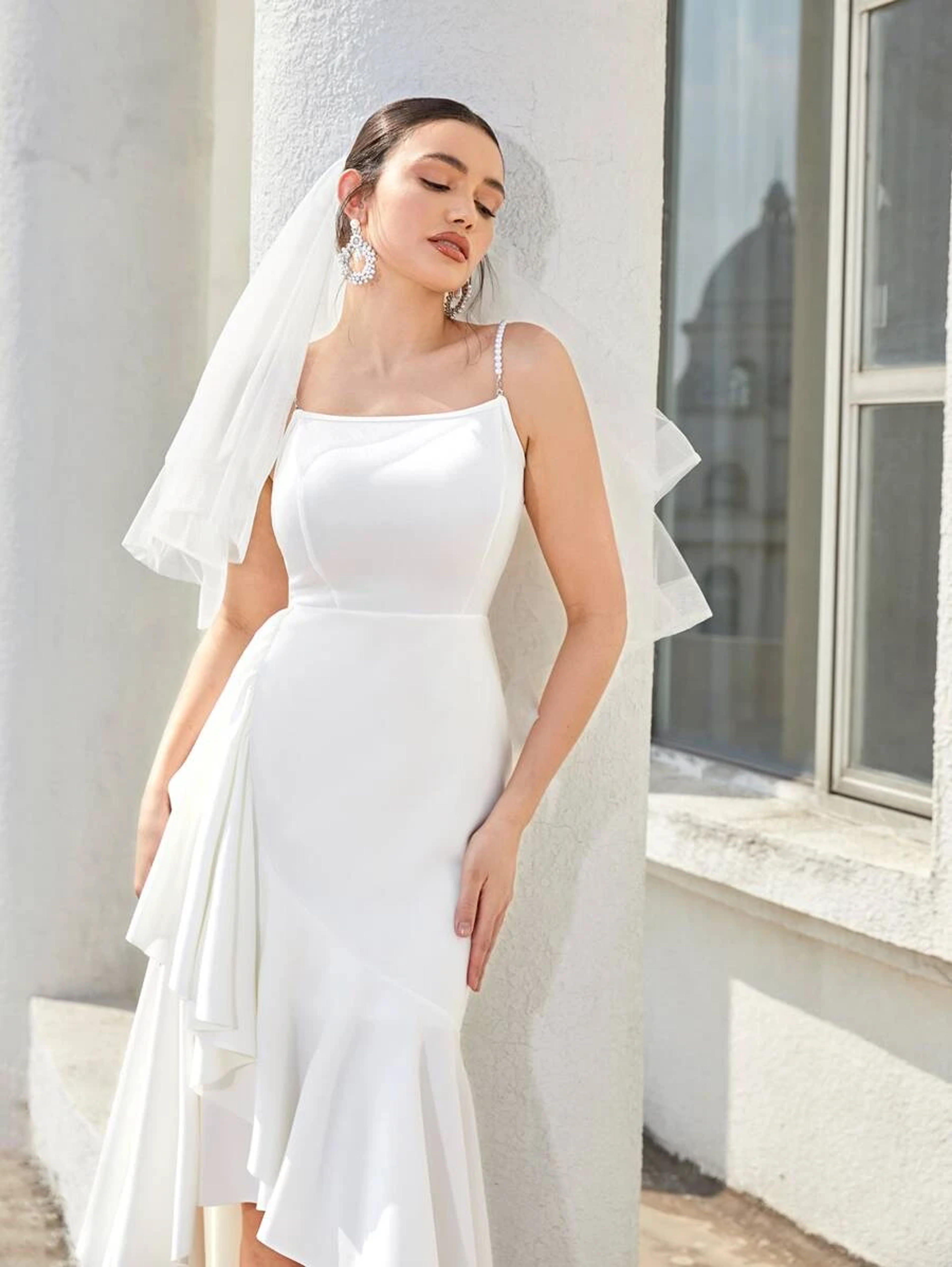 SHEIN Pearl Strap Ruffle Hem Cami Wedding Dress Without Veil | SHEIN USA