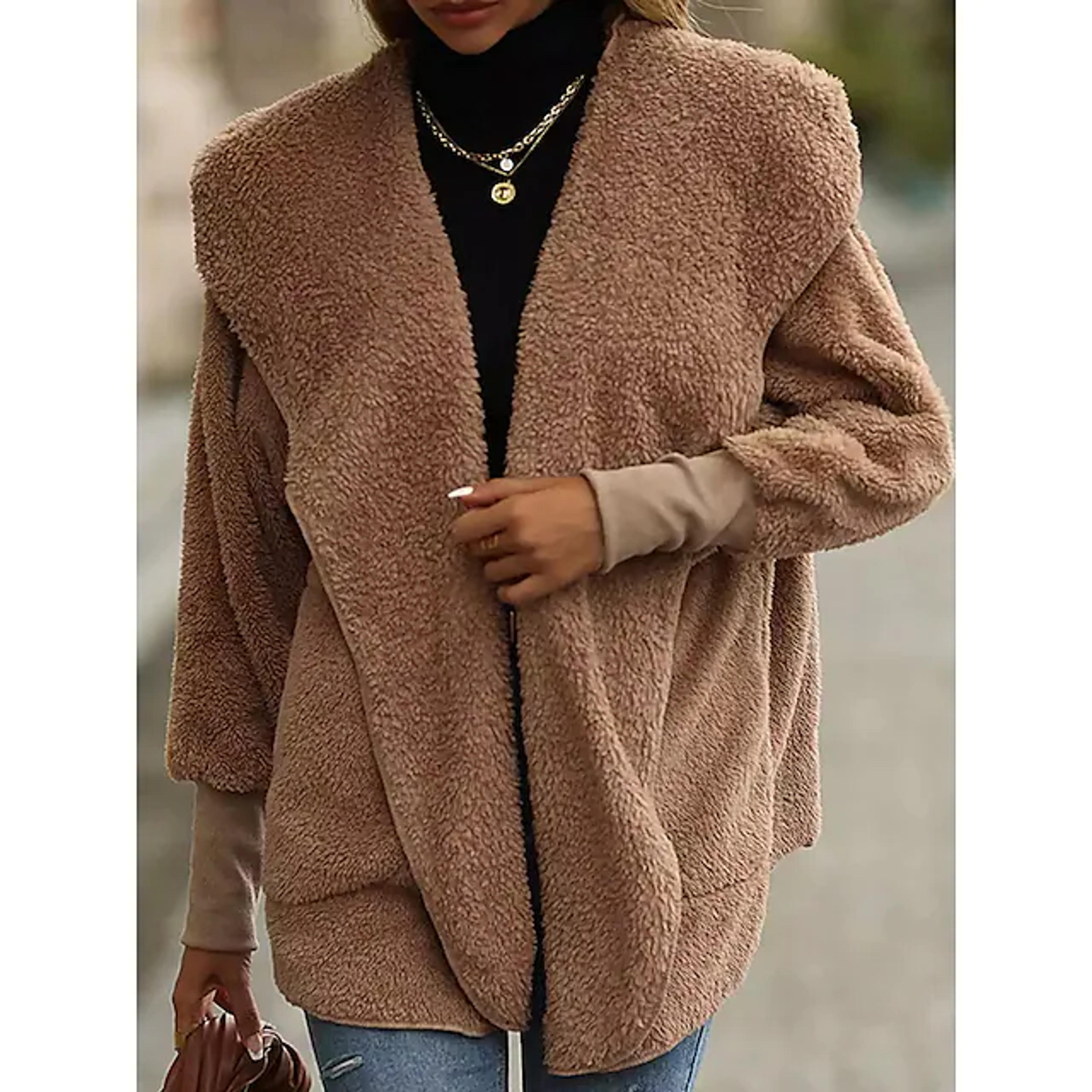 Women's Teddy Coat Layered Comtemporary Stylish Casual Street Style Street Casual Daily Casual Daily Coat Short Polyester Brown Open Front Fall Winter Collarless Regular Fit S M L XL XXL 3XL 9315073 2022 – $20.99