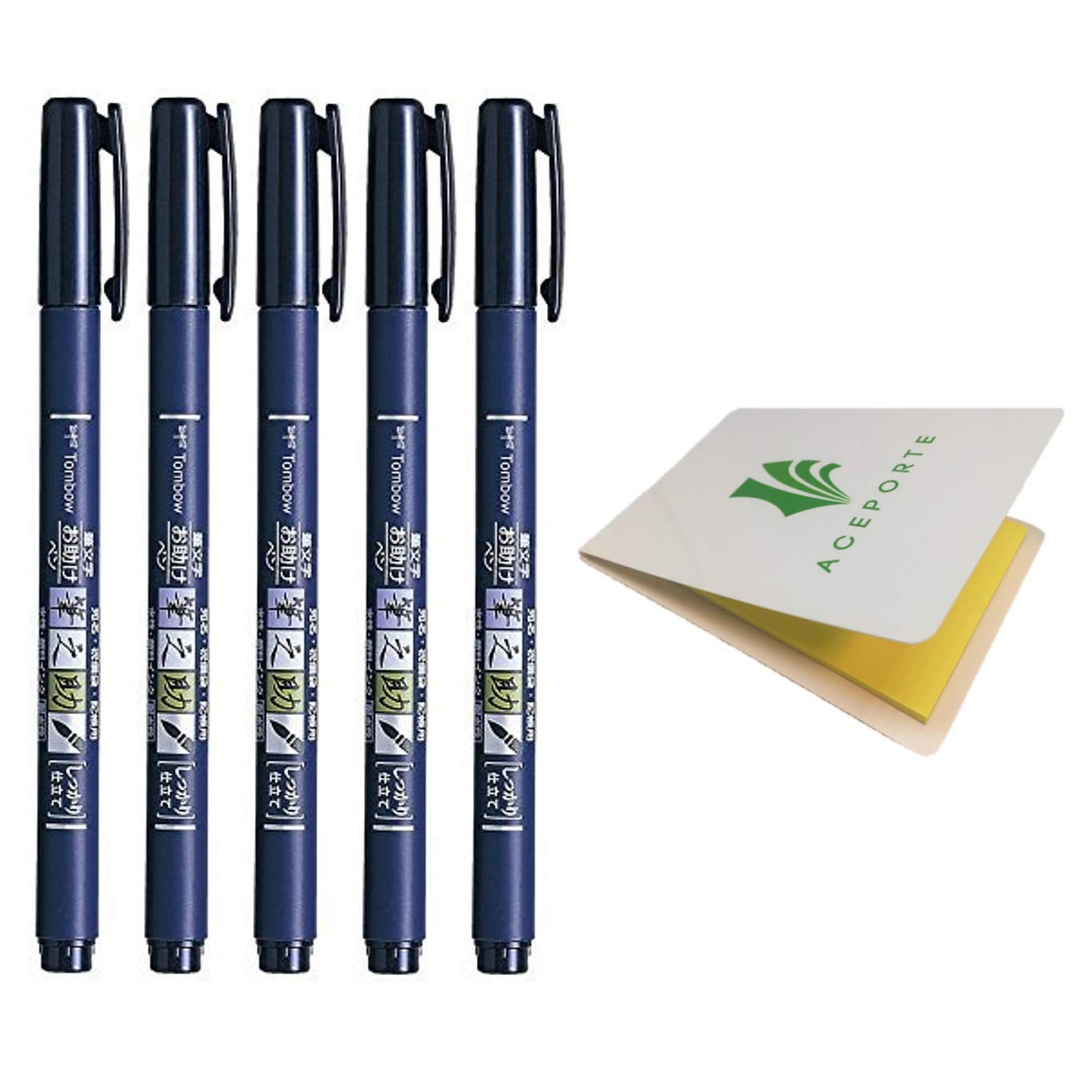 Tombow Fudenosuke Fude Brush Pen Hard (GCD-111) x5 Set, with Original Sticky Notes – Great for Calligraphy, Art Drawings, Illustration, Manga