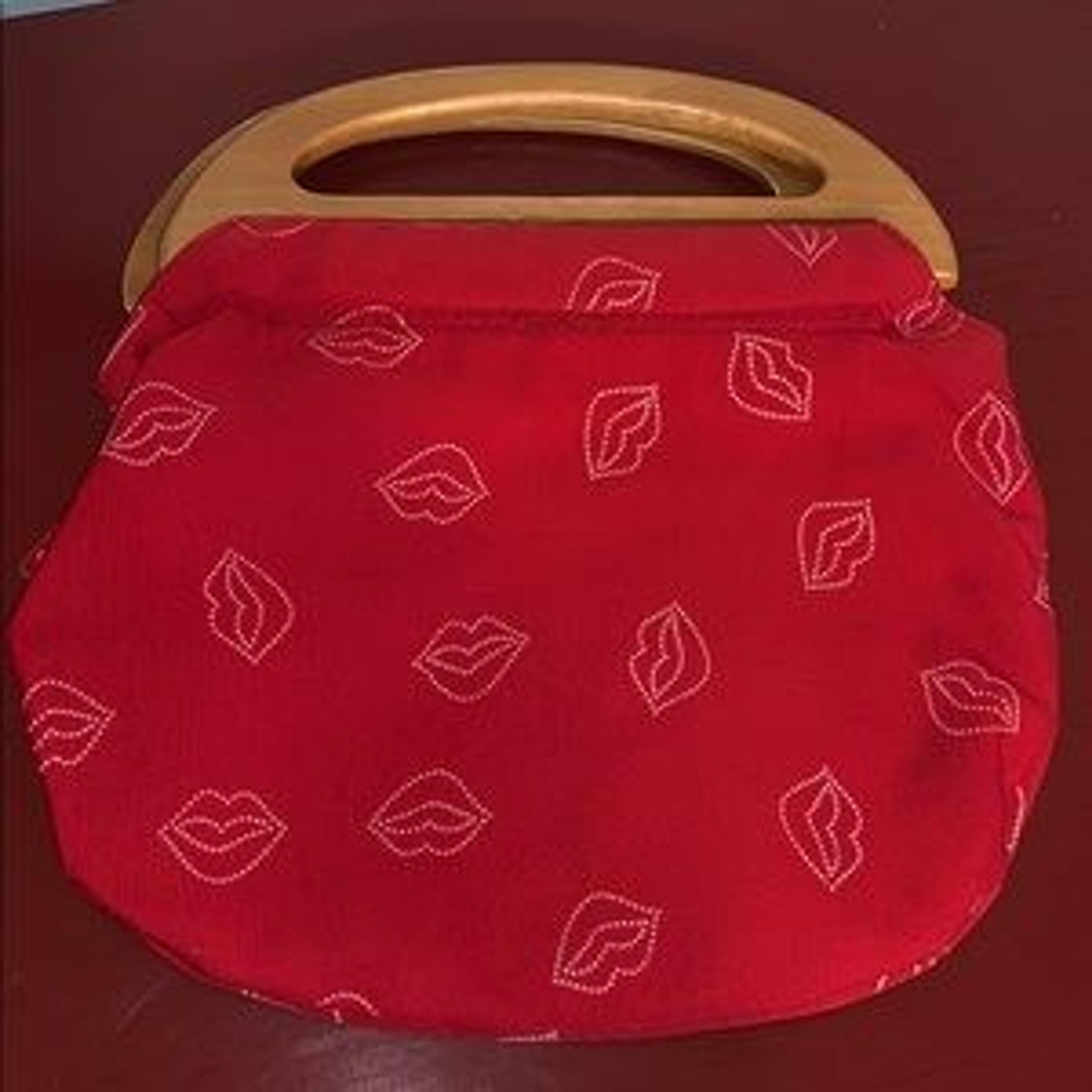 Hot Kiss | Bags | Hot Kiss Denim And Red Lip Wooden Handle Handbag | Poshmark