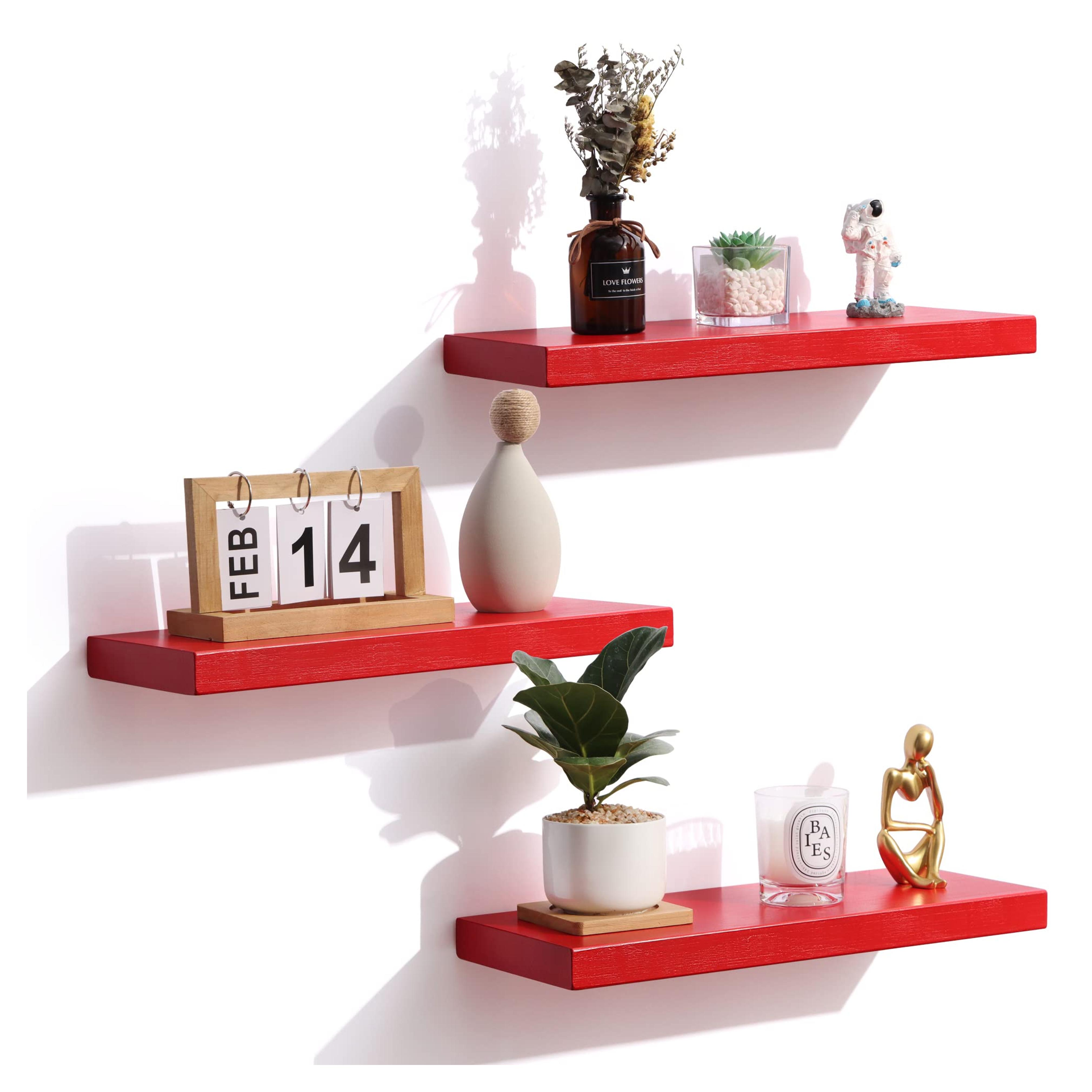 Floating Shelves, Solid Wood Wall Mounted Shelves with Invisible Brackets for Bedroom Living Room Bathroom Kitchen, Shelves for Wall Decor Storage Set of 3, Red