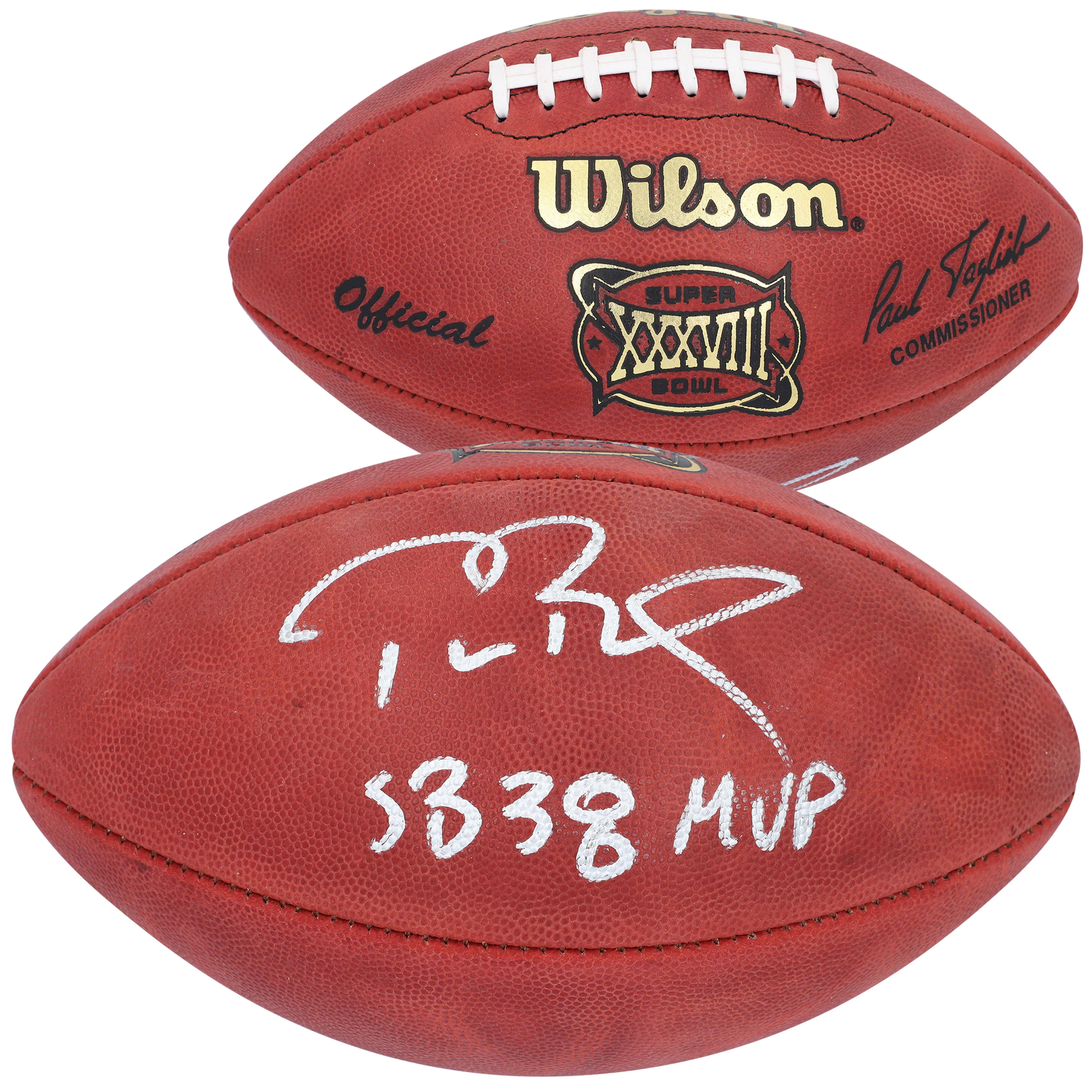 Autographed New England Patriots Tom Brady Fanatics Authentic Super Bowl XXXVIII Pro Football with "SB 38 MVP" Inscription