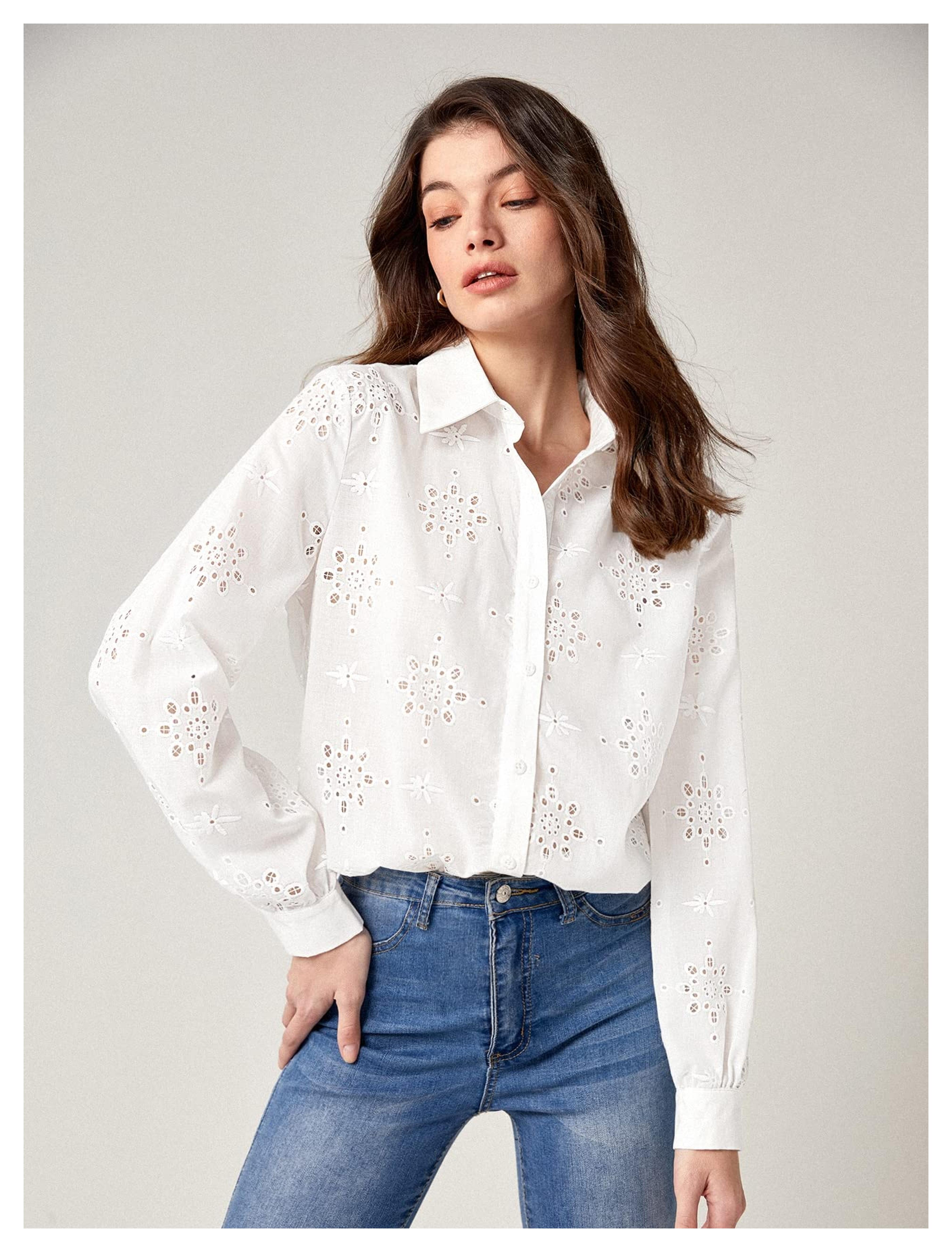 Amazon.com: KECKS Women's Shirts Women's Tops Shirts for Women Eyelet Embroidery Button Front Shirt (Color : White, Size : Medium) : Clothing, Shoes & Jewelry